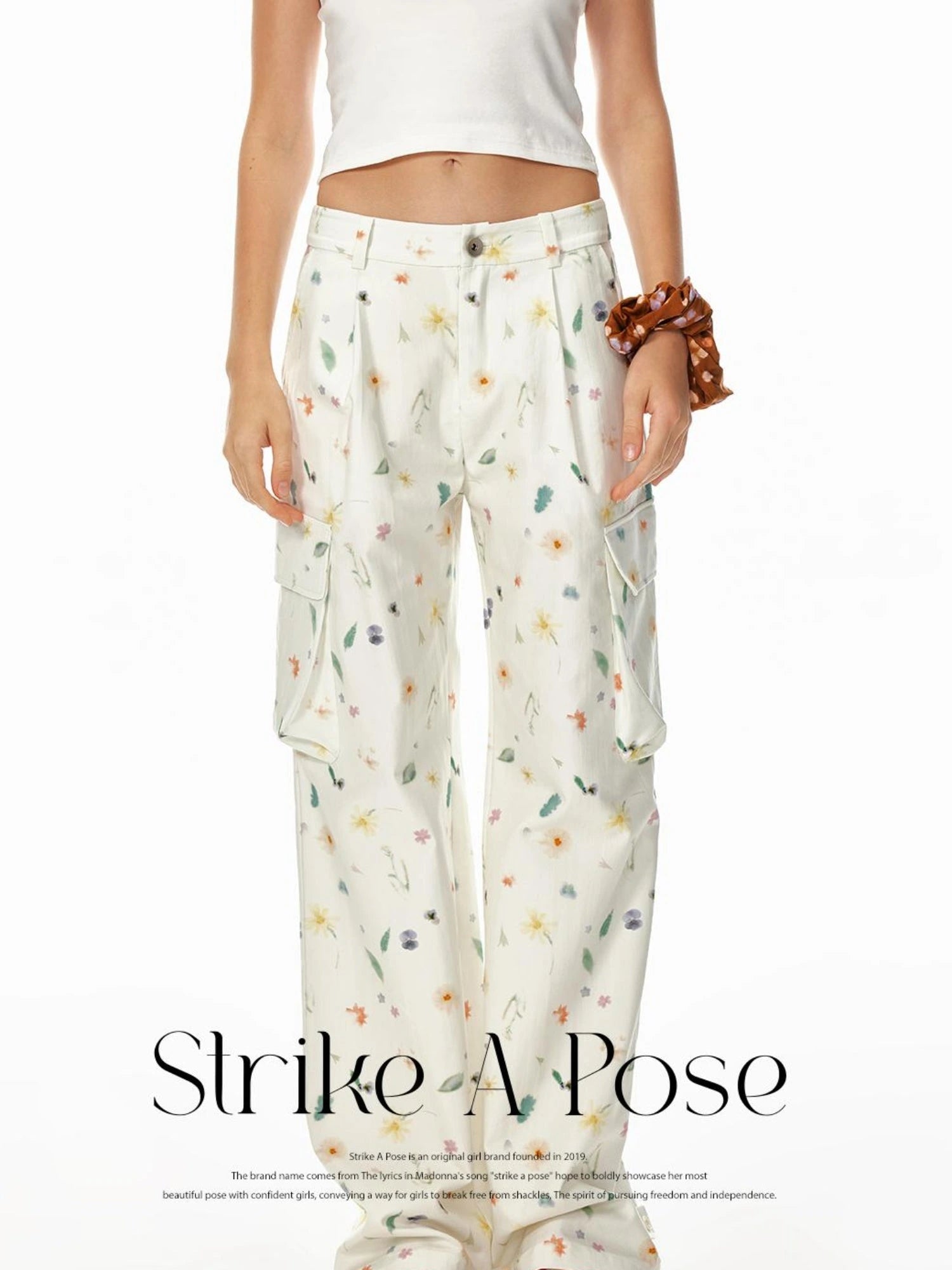 Creative 3D Pocket Beige Casual Floral Print Wide Leg Pants