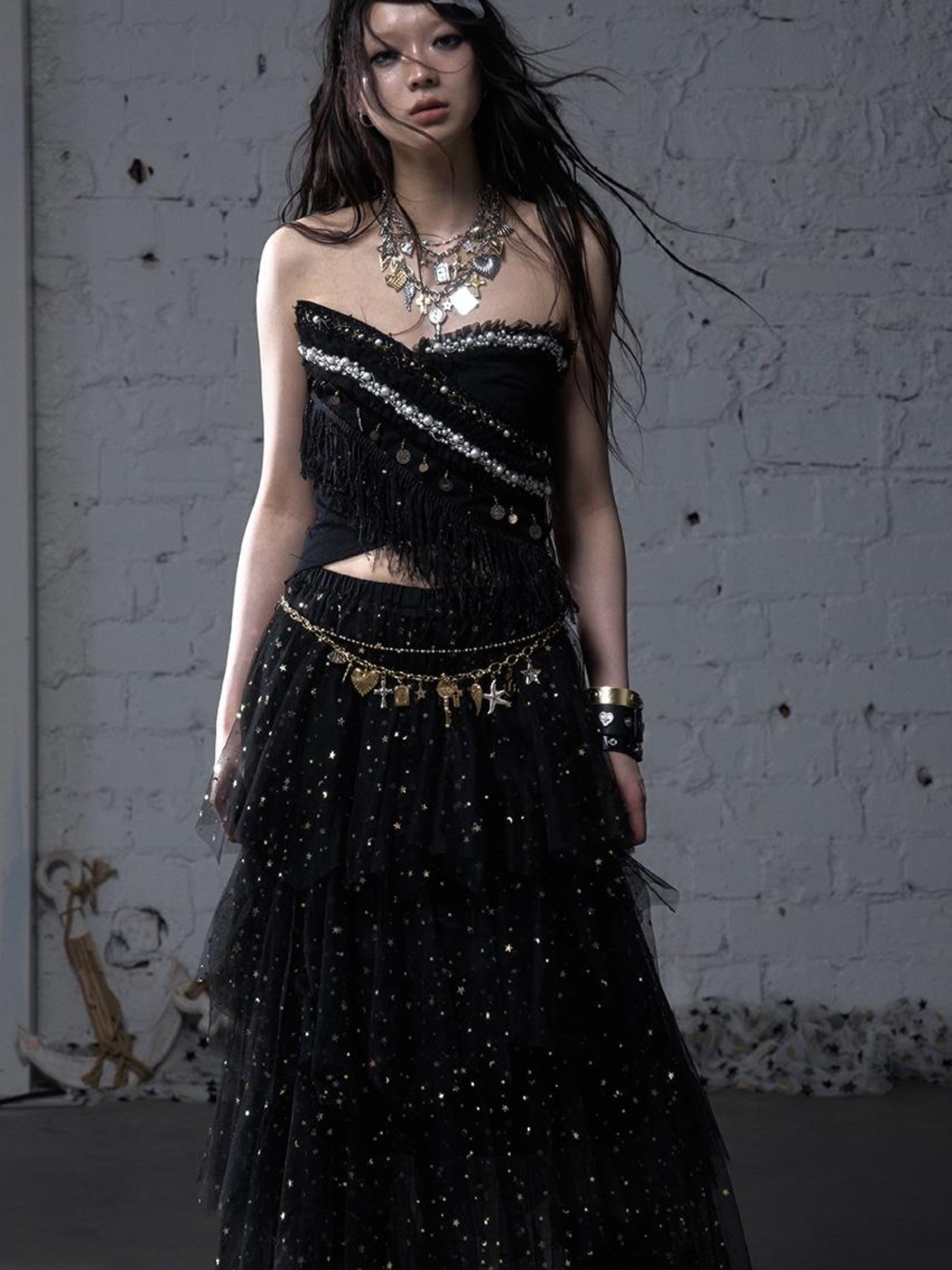 NO ROMANCE Cropped Bustier Top With Tassels & Lace Trim For Women