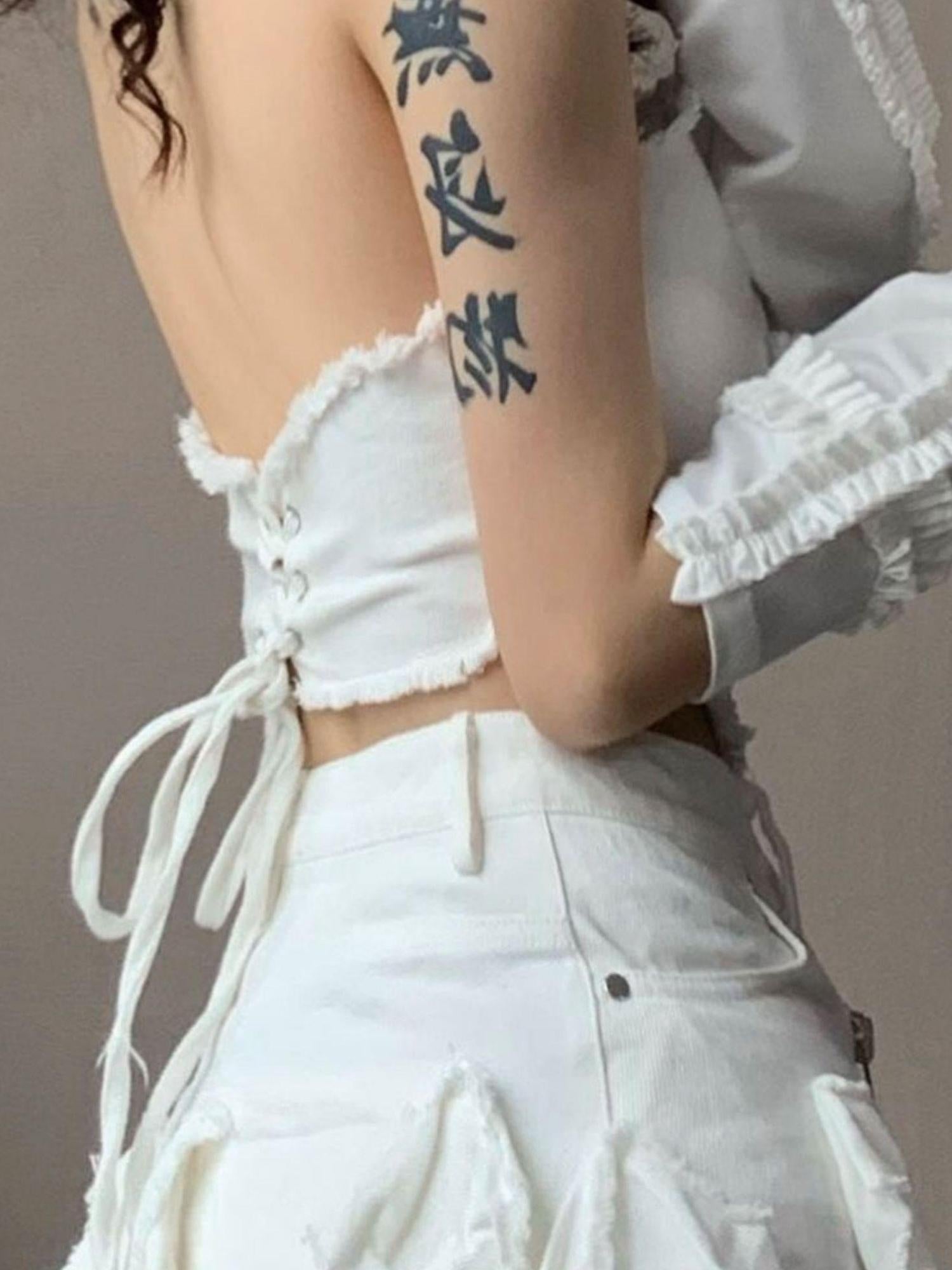 WSW WUSHENWU Cross Lace Sleeveless Cowgirl Denim Crop Top