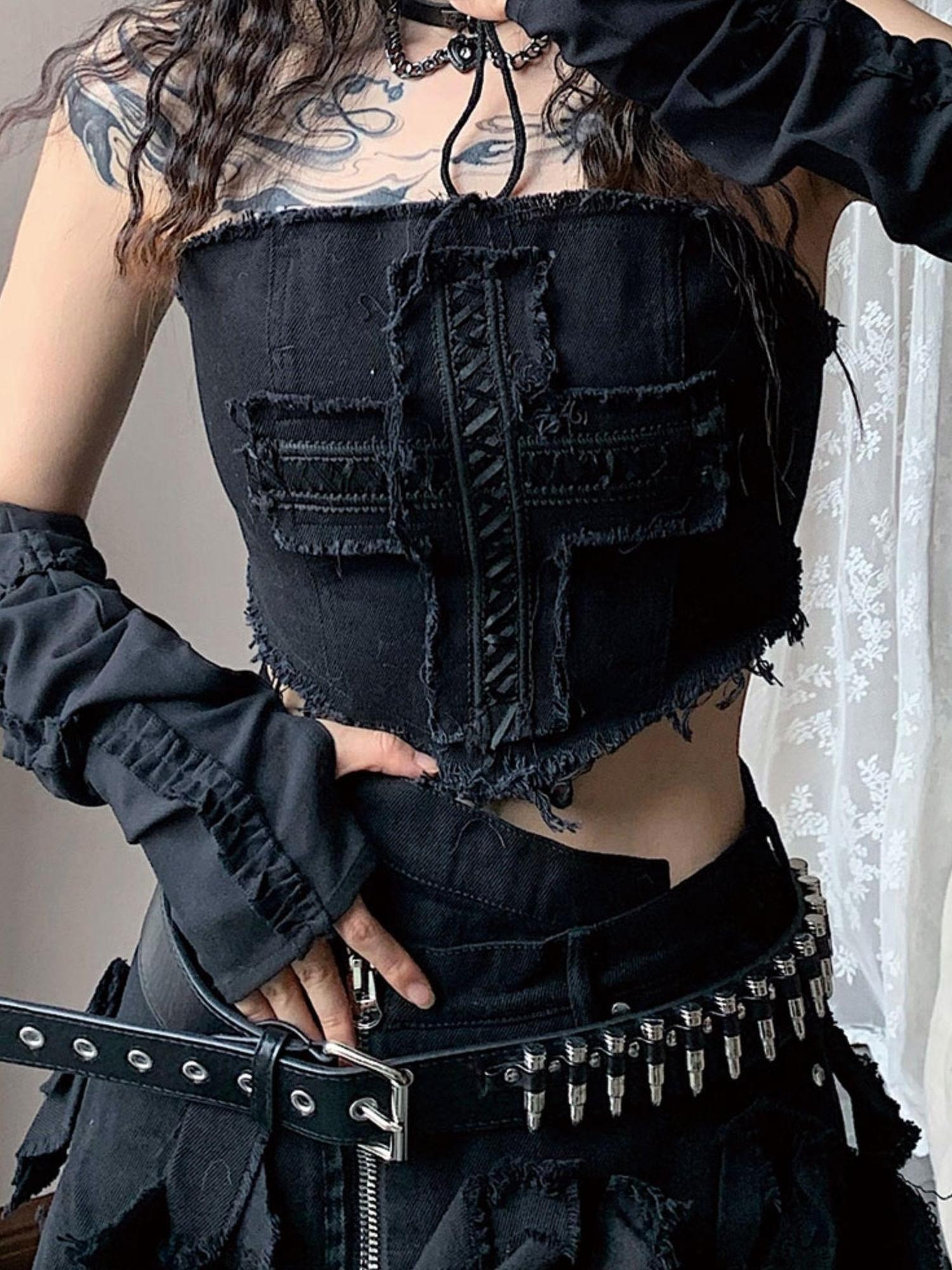 WSW WUSHENWU Cross Lace Sleeveless Cowgirl Denim Crop Top