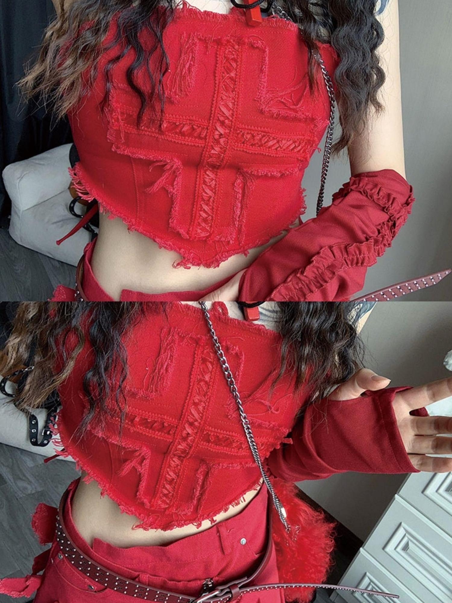 WSW WUSHENWU Cross Lace Sleeveless Cowgirl Denim Crop Top