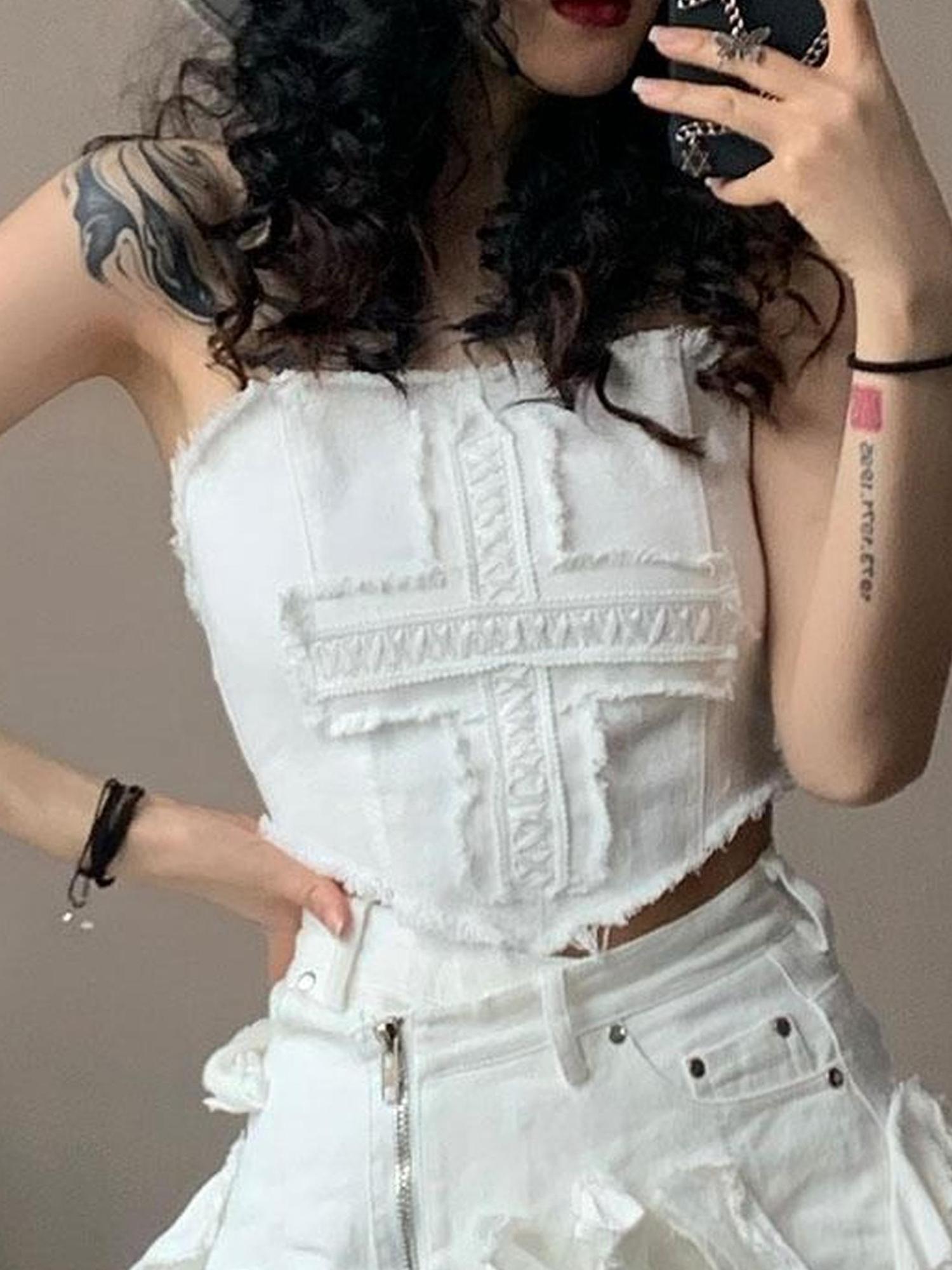 WSW WUSHENWU Cross Lace Sleeveless Cowgirl Denim Crop Top