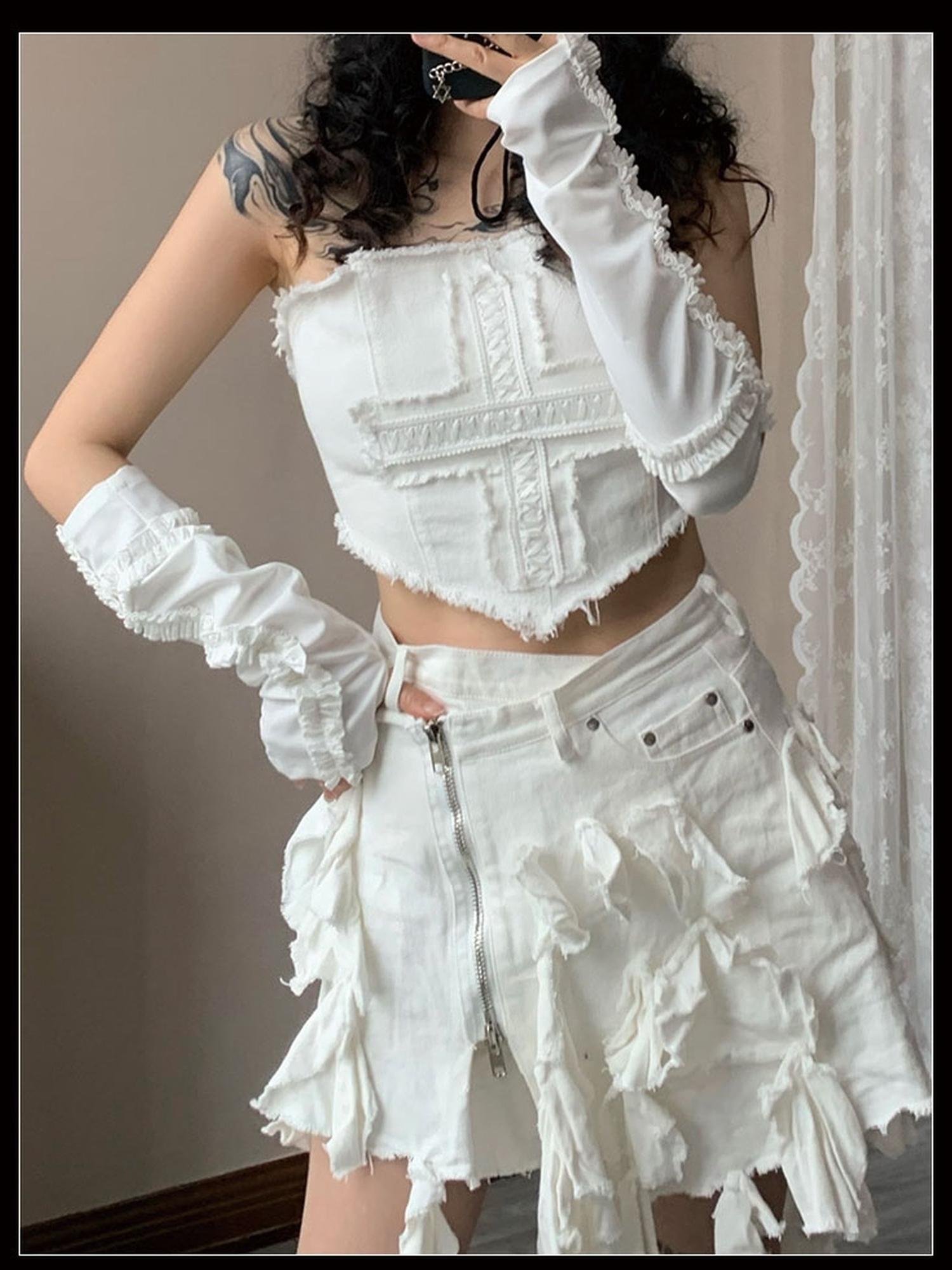 WSW WUSHENWU Cross Lace Sleeveless Cowgirl Denim Crop Top