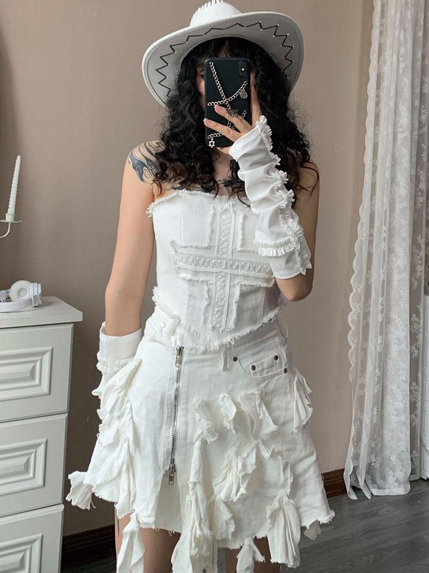 WSW WUSHENWU Cross Lace Sleeveless Cowgirl Denim Crop Top