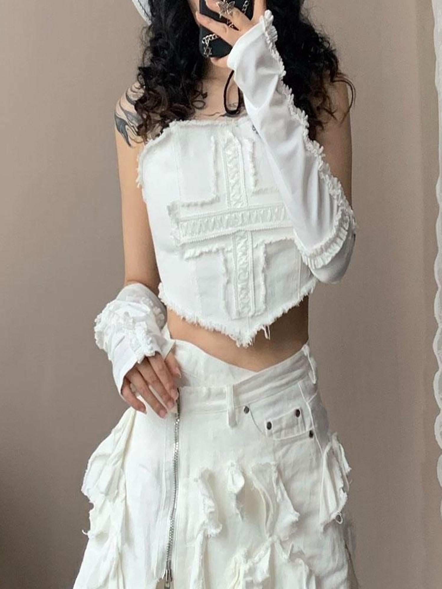 WSW WUSHENWU Cross Lace Sleeveless Cowgirl Denim Crop Top