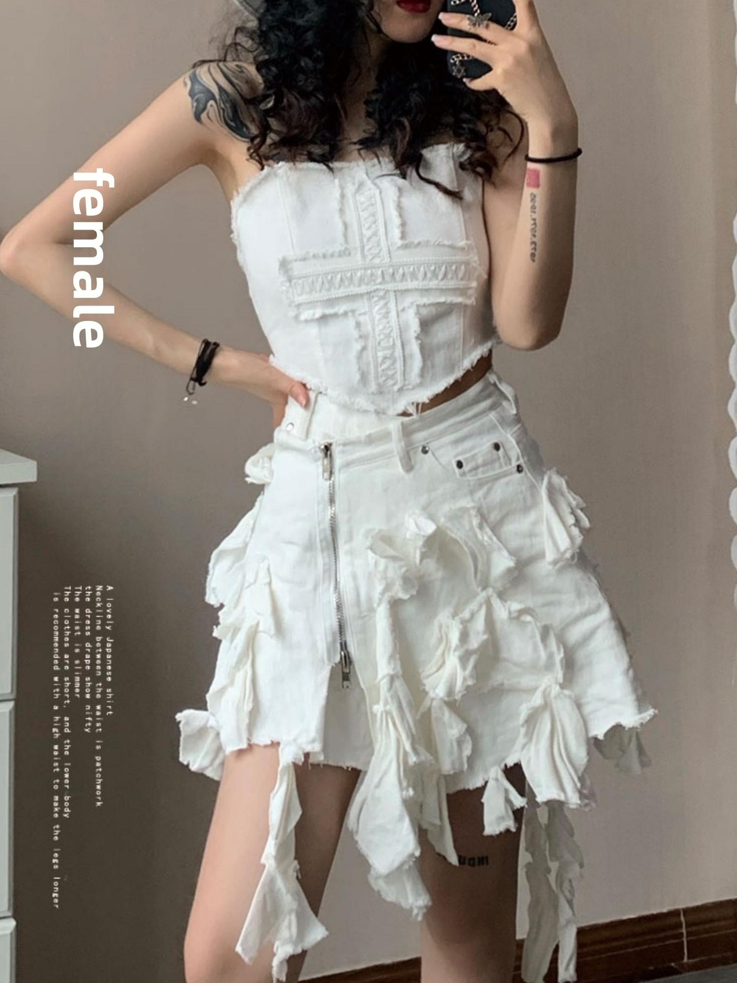 WSW WUSHENWU Cross Lace Sleeveless Cowgirl Denim Crop Top
