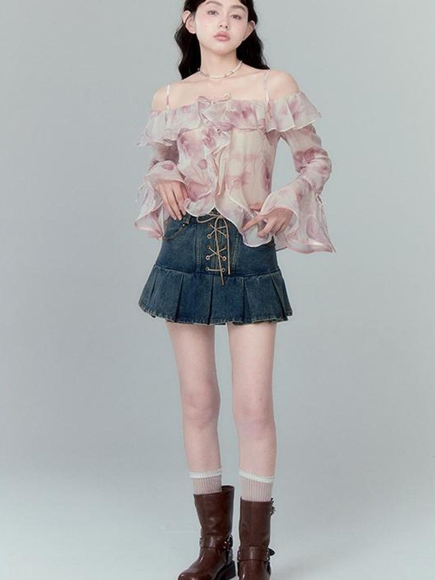 DIDDI MODA Cross Lace Vintage Pleat Denim Skirt