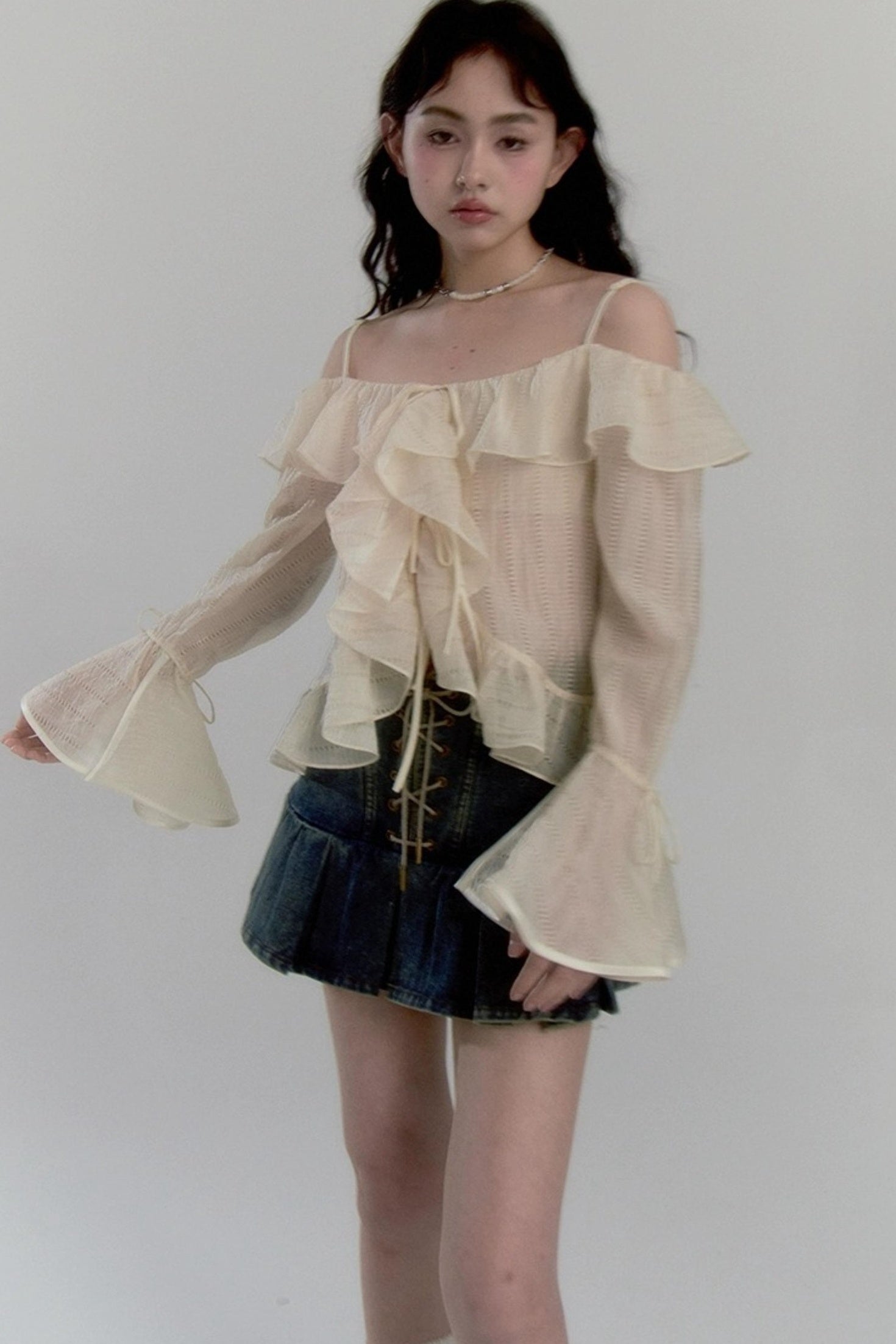 DIDDI MODA Cross Lace Vintage Pleat Denim Skirt