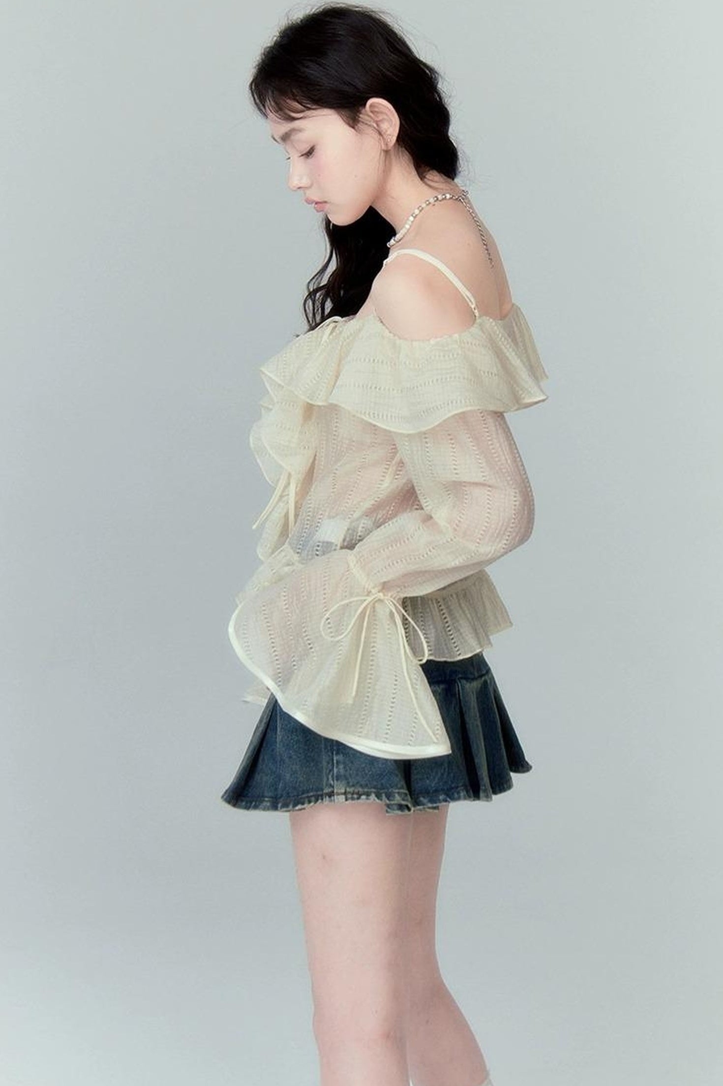 DIDDI MODA Cross Lace Vintage Pleat Denim Skirt