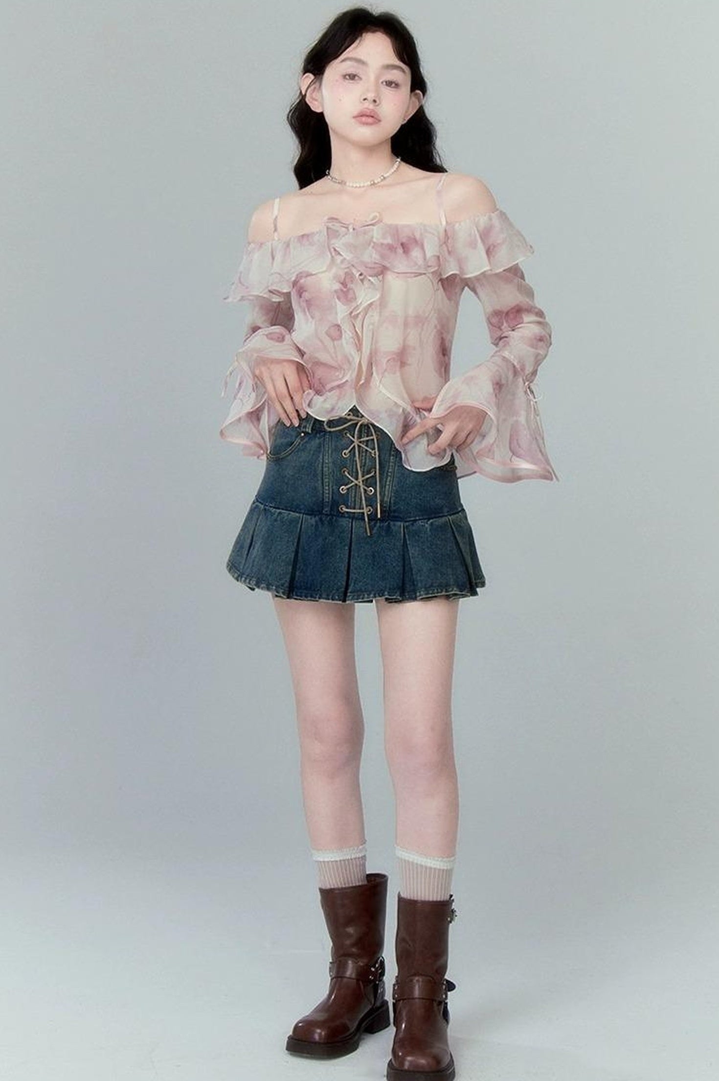 DIDDI MODA Cross Lace Vintage Pleat Denim Skirt