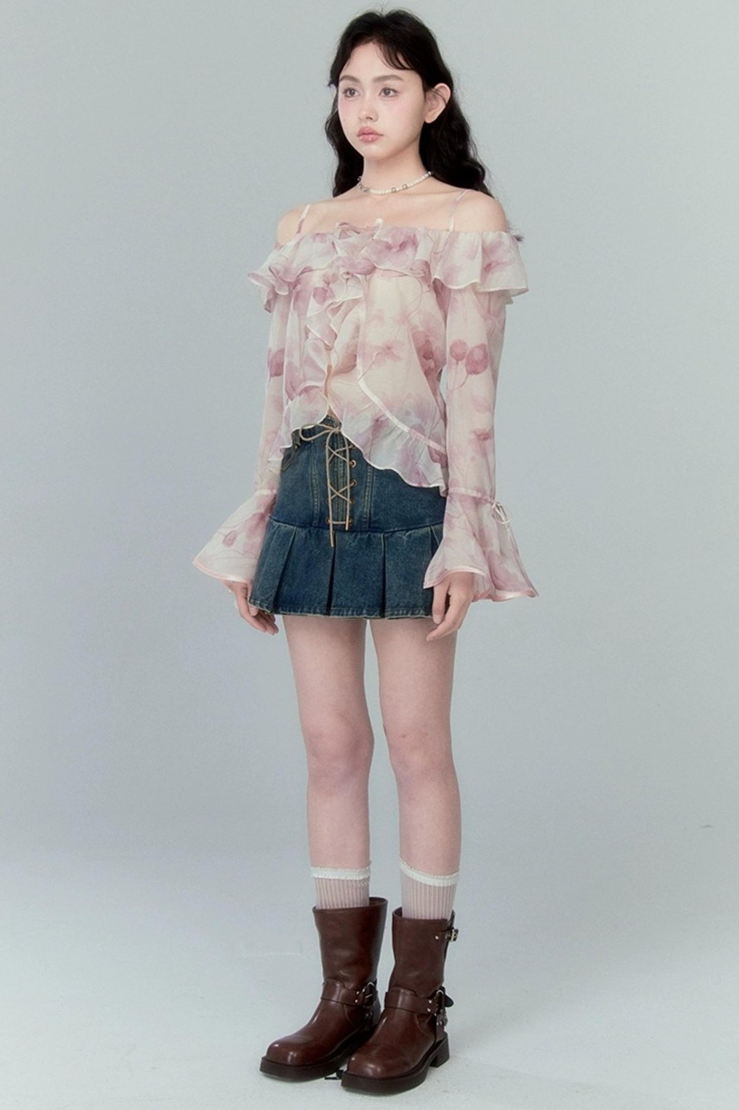 DIDDI MODA Cross Lace Vintage Pleat Denim Skirt