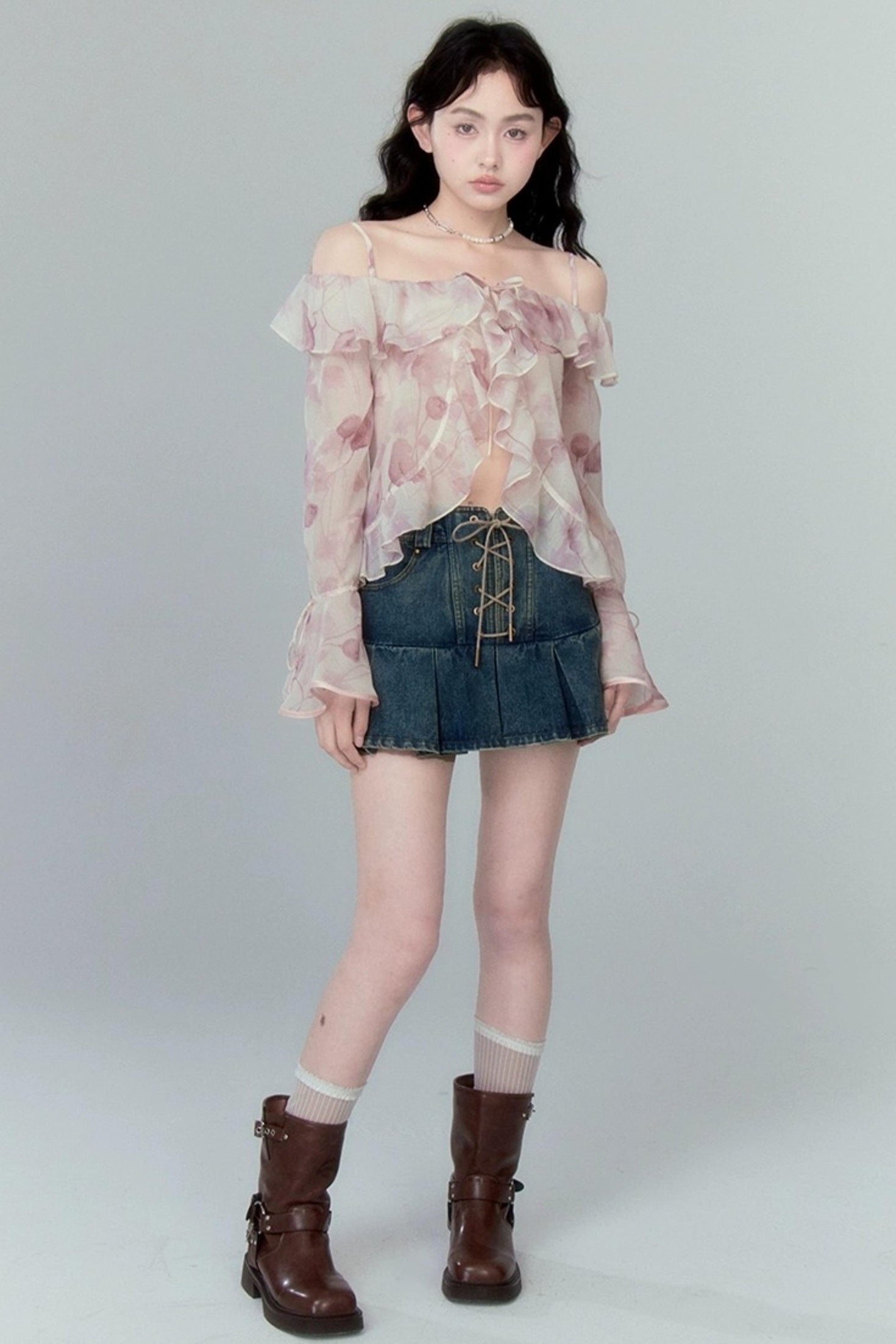 DIDDI MODA Cross Lace Vintage Pleat Denim Skirt