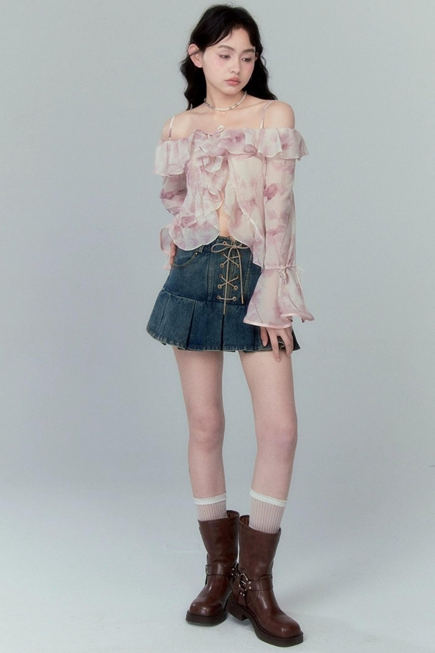 DIDDI MODA Cross Lace Vintage Pleat Denim Skirt