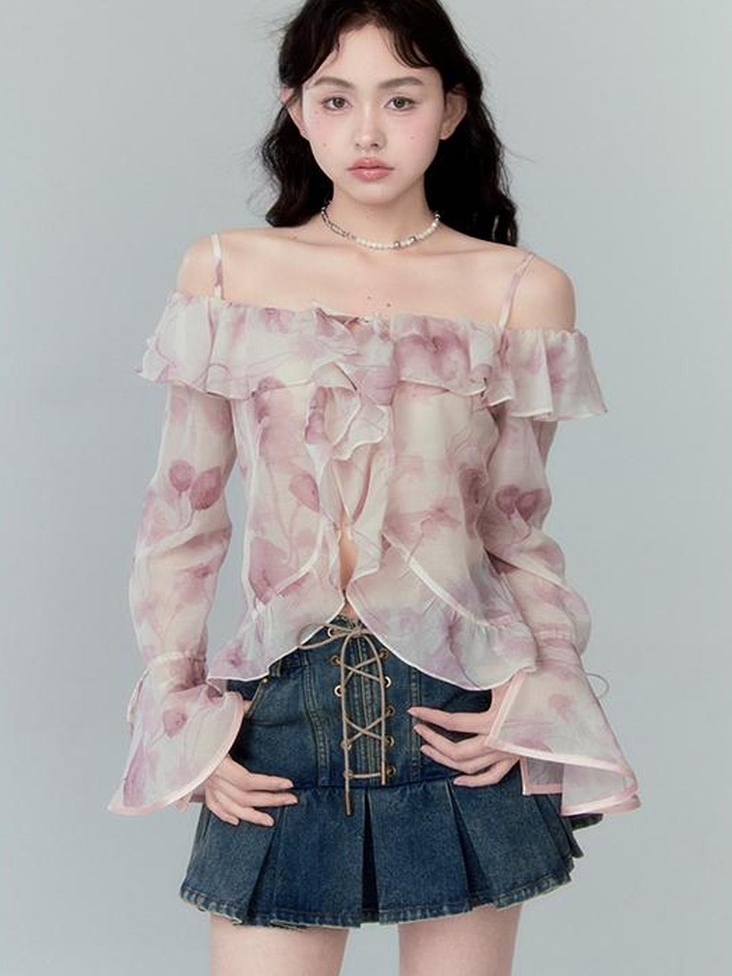 DIDDI MODA Cross Lace Vintage Pleat Denim Skirt