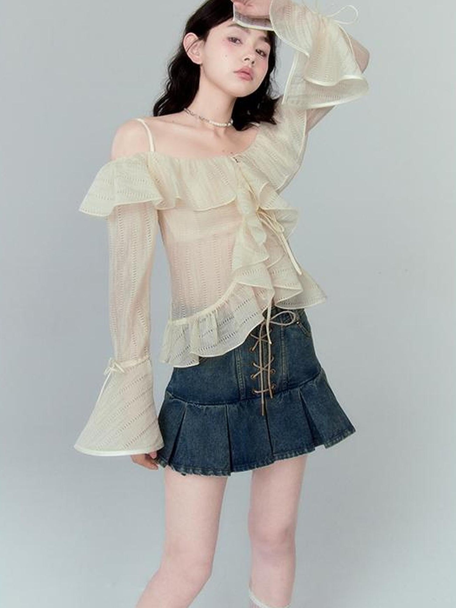 DIDDI MODA Cross Lace Vintage Pleat Denim Skirt