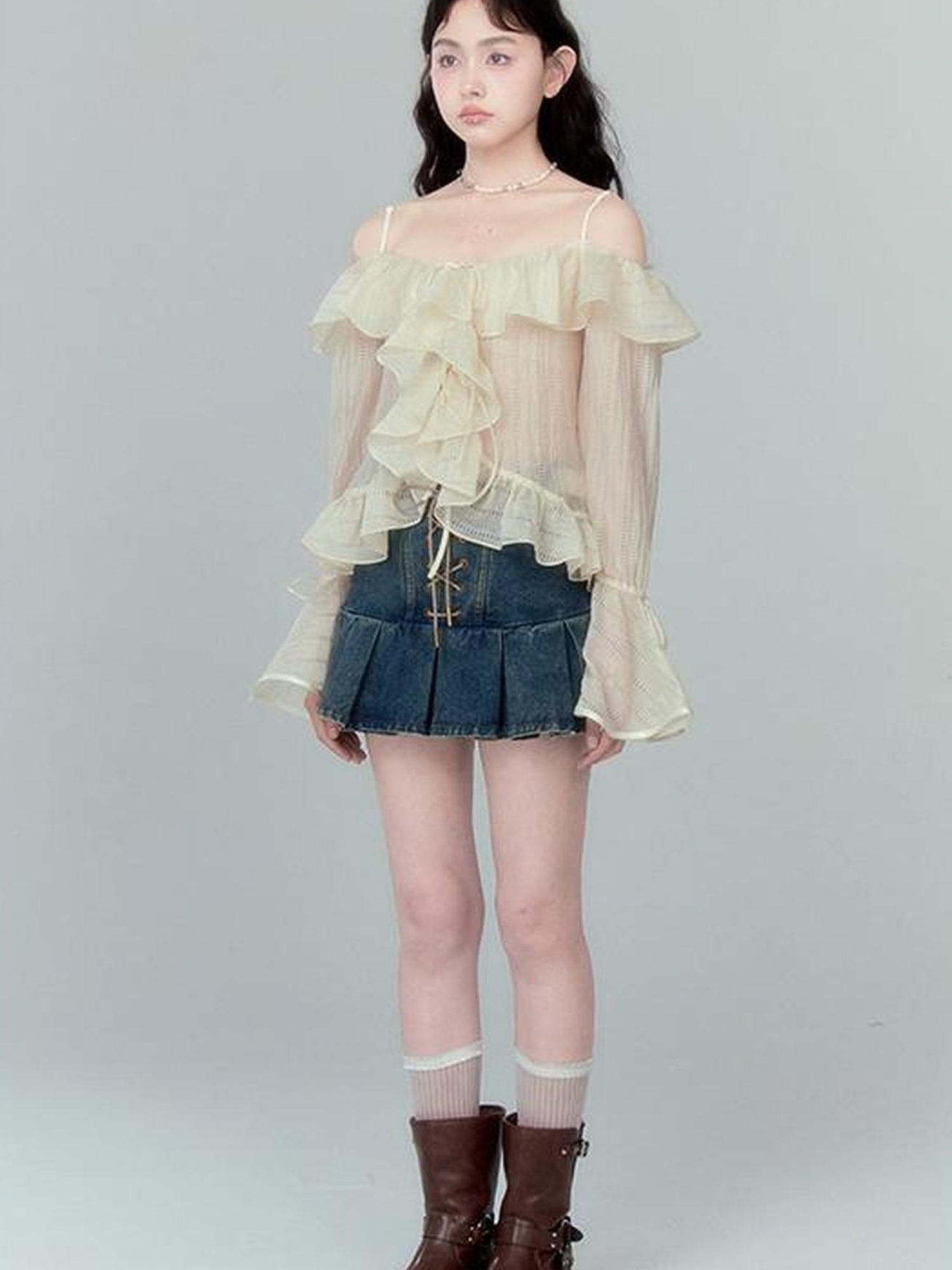 DIDDI MODA Cross Lace Vintage Pleat Denim Skirt