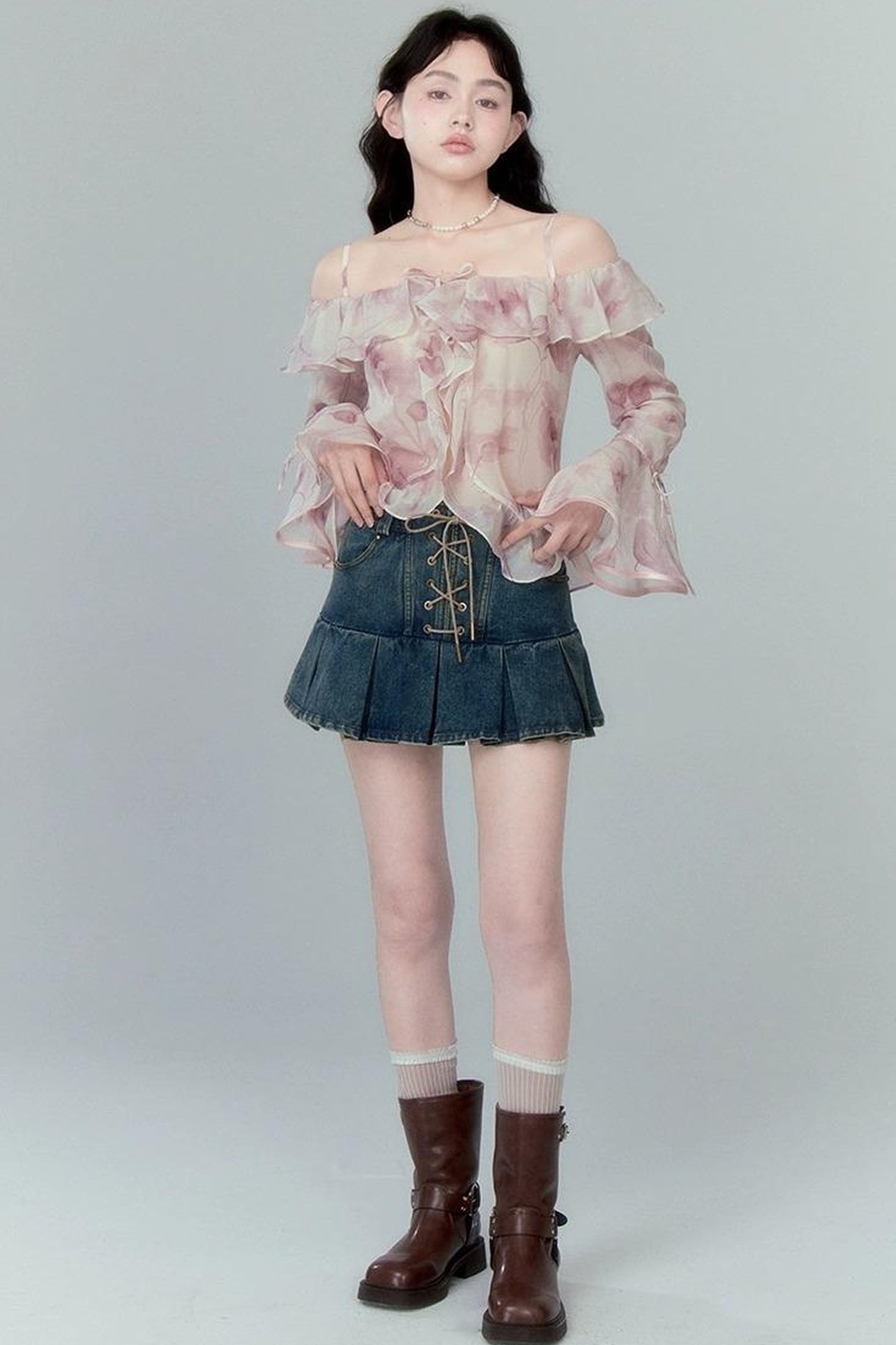 DIDDI MODA Cross Lace Vintage Pleat Denim Skirt