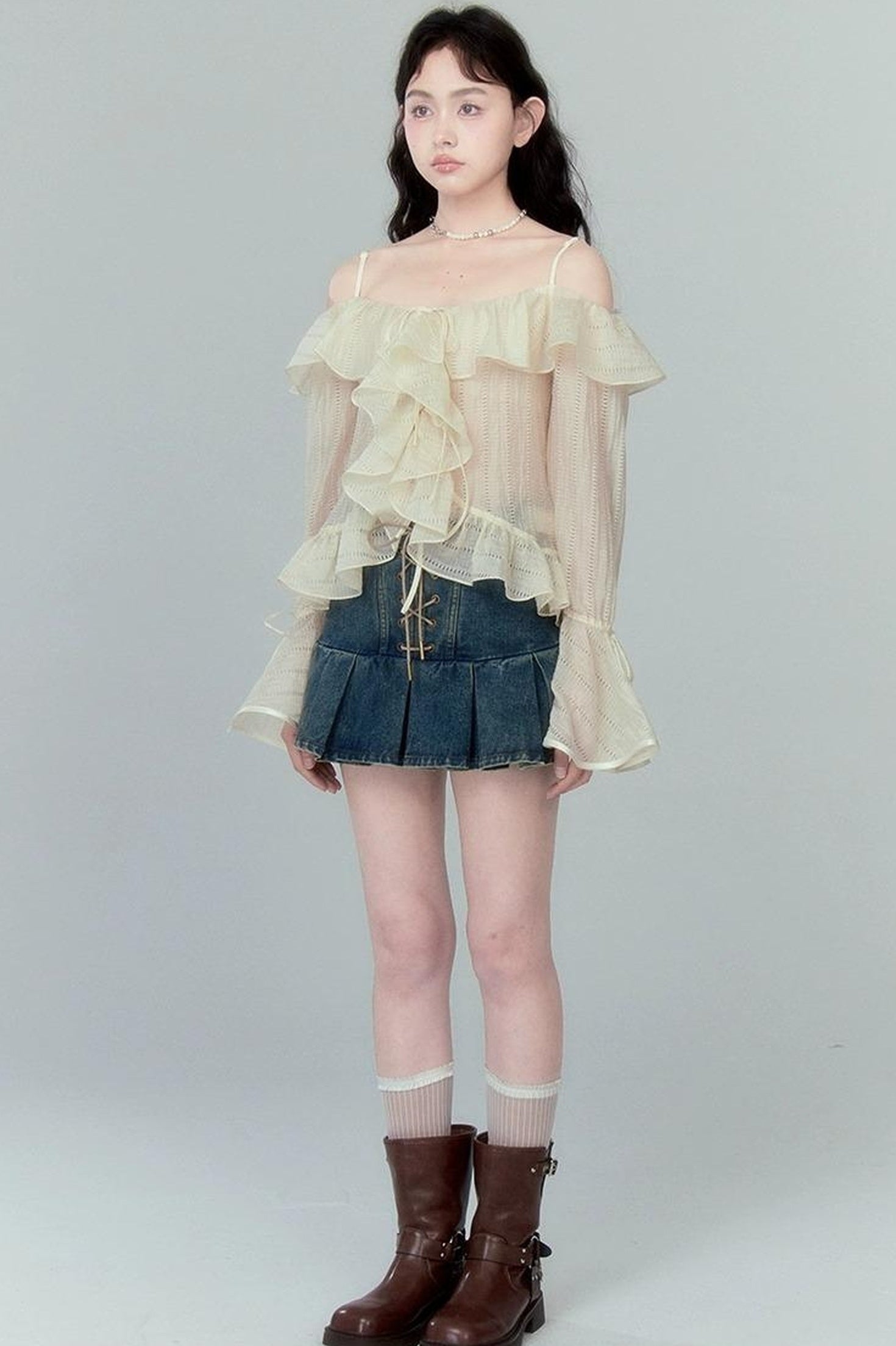 DIDDI MODA Cross Lace Vintage Pleat Denim Skirt