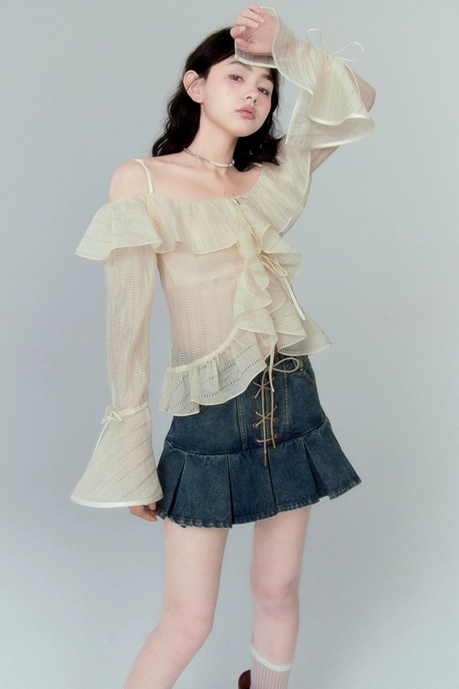 DIDDI MODA Cross Lace Vintage Pleat Denim Skirt