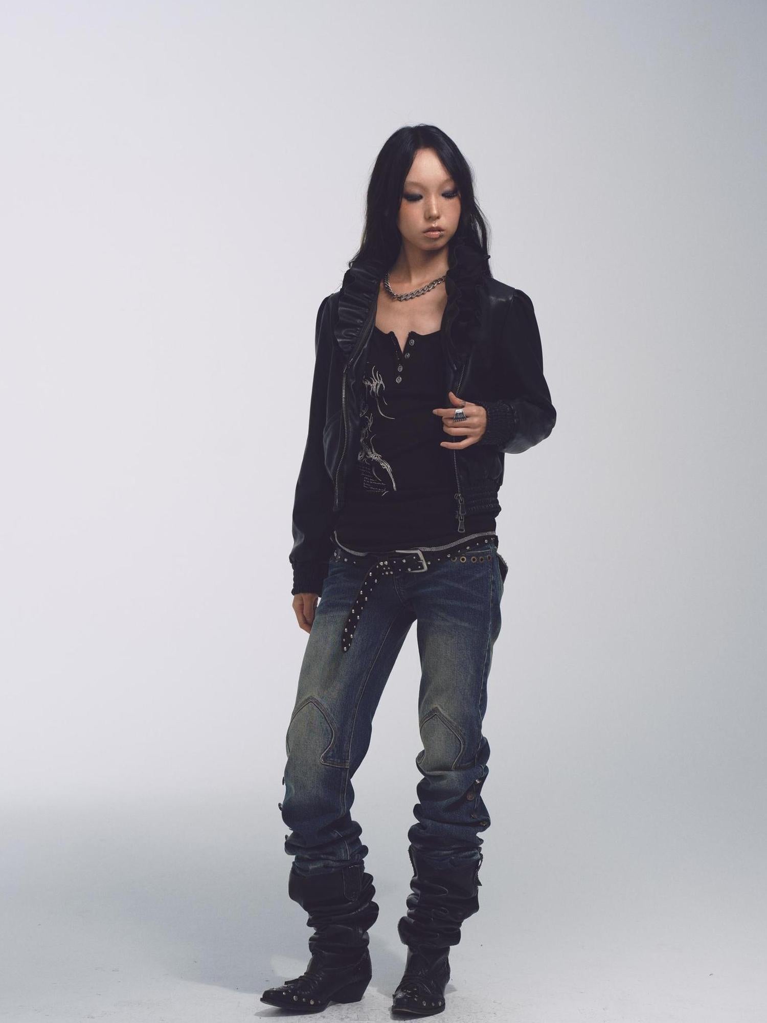 NONAME SPACE Cross Stitch Print Knit Sweater With Skull Buttons And Curved Hem