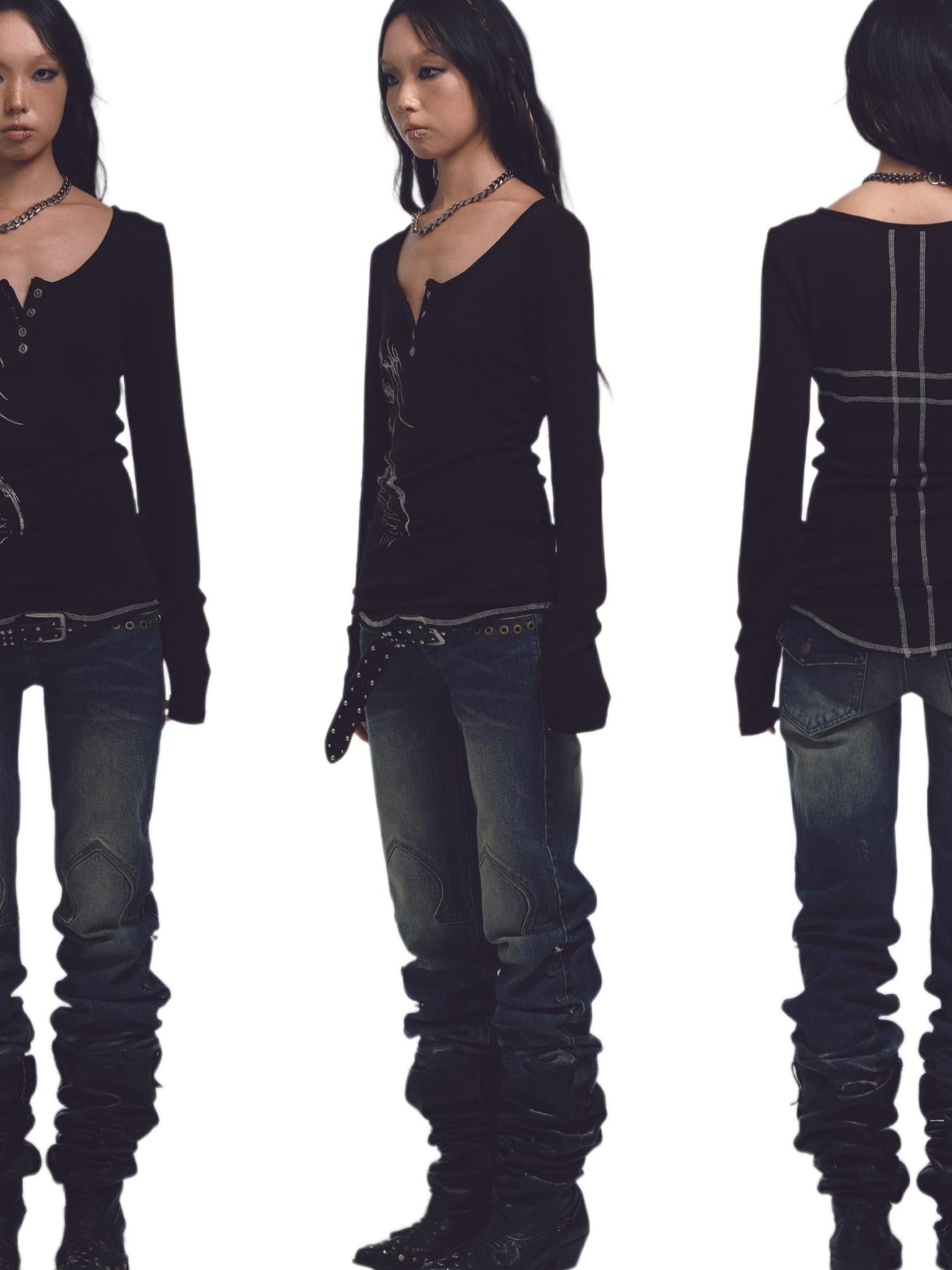 NONAME SPACE Cross Stitch Print Knit Sweater With Skull Buttons And Curved Hem