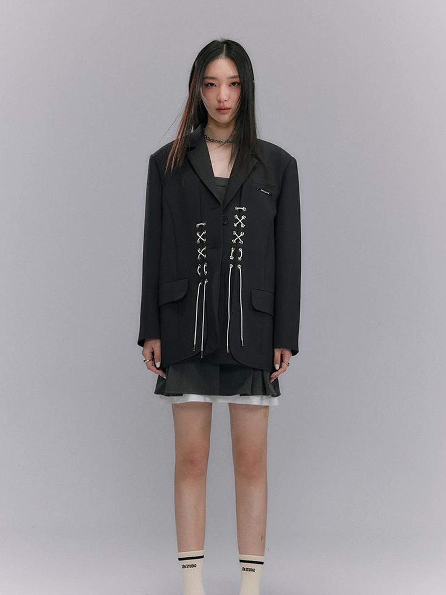 DIDDI MODA Cross Tie Detail Black Blazer With Floral Eyelets