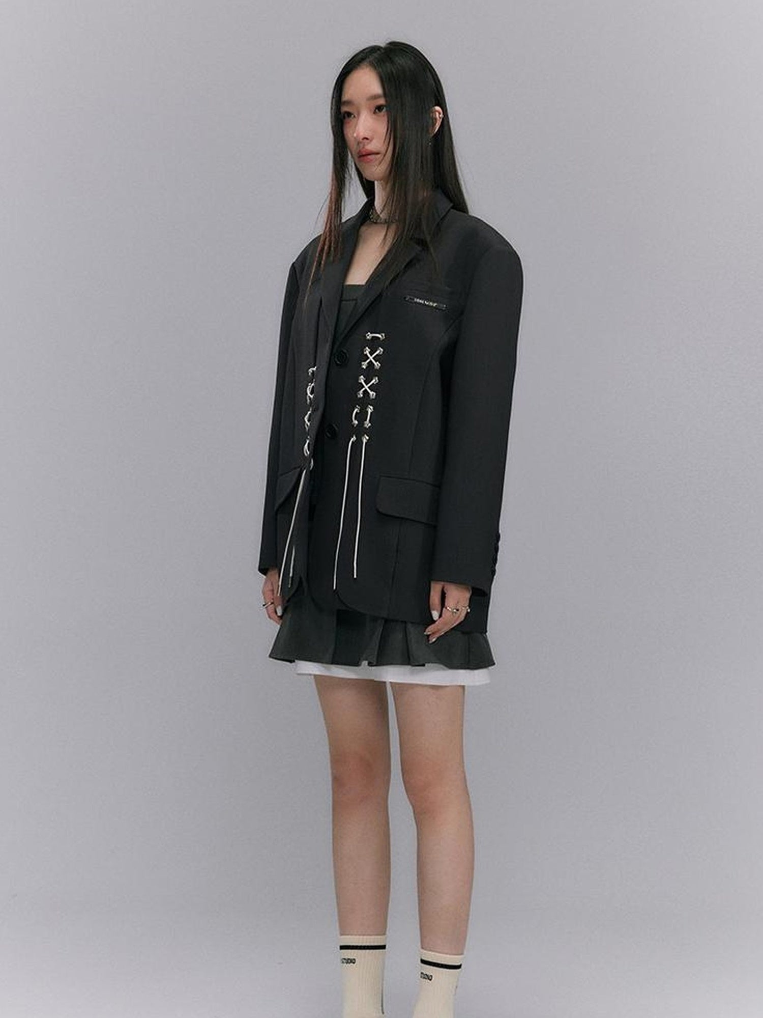DIDDI MODA Cross Tie Detail Black Blazer With Floral Eyelets
