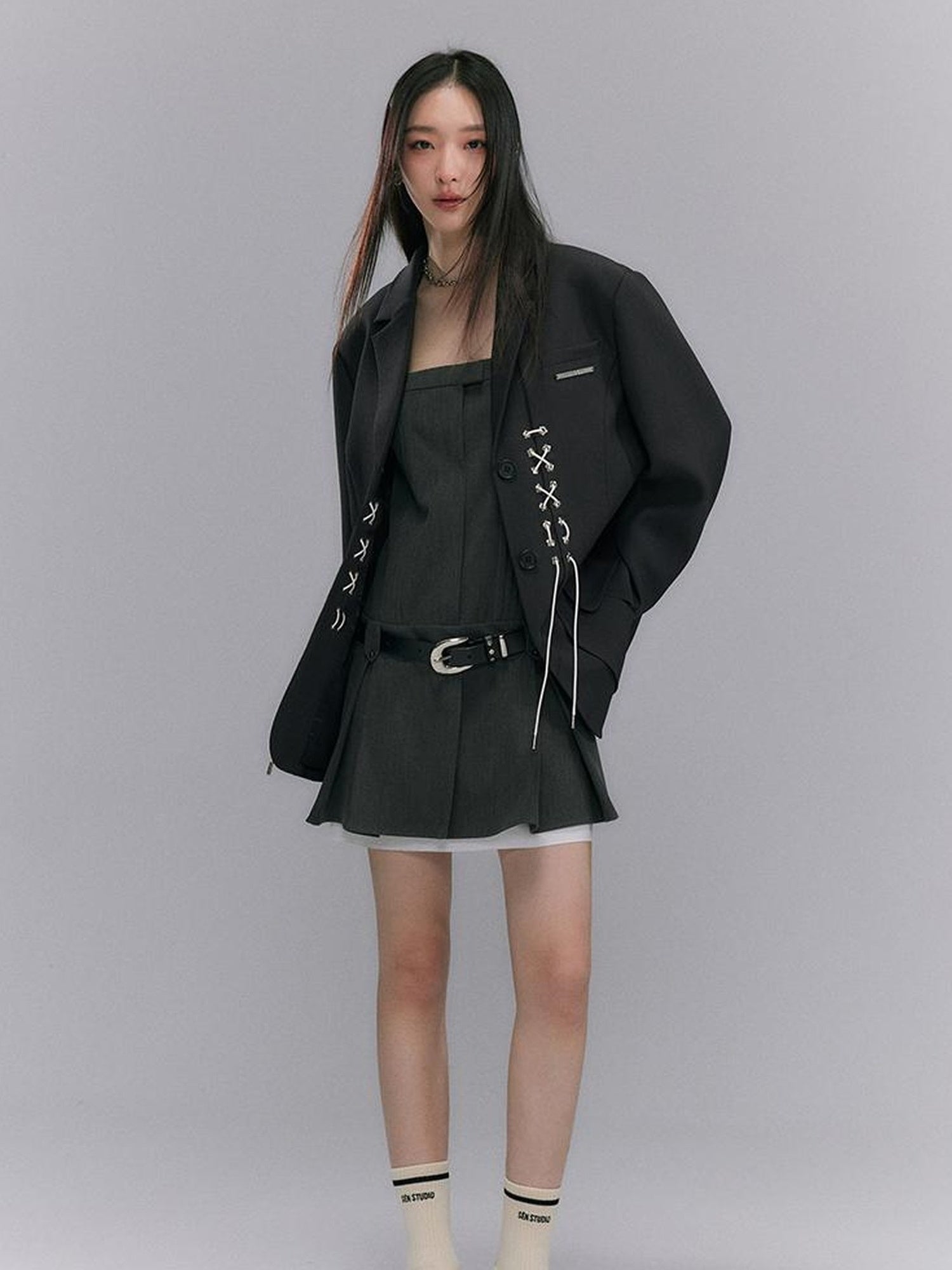 DIDDI MODA Cross Tie Detail Black Blazer With Floral Eyelets