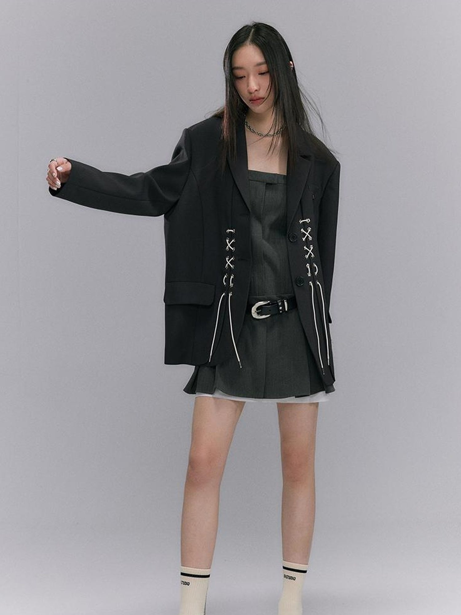 DIDDI MODA Cross Tie Detail Black Blazer With Floral Eyelets
