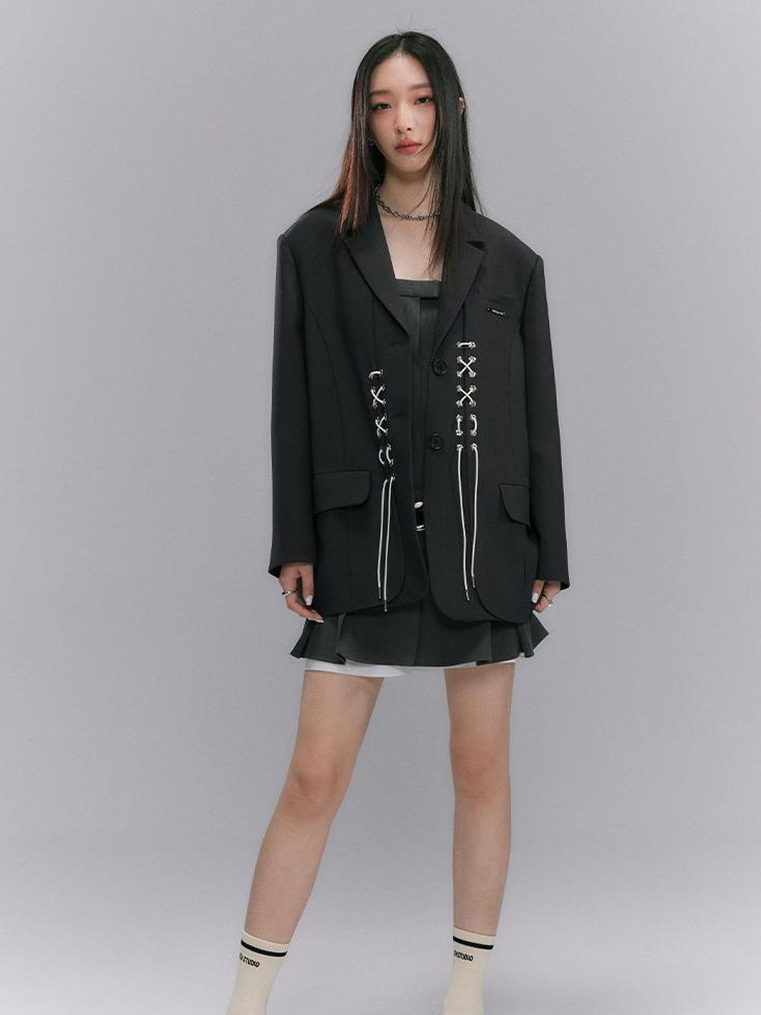 DIDDI MODA Cross Tie Detail Black Blazer With Floral Eyelets