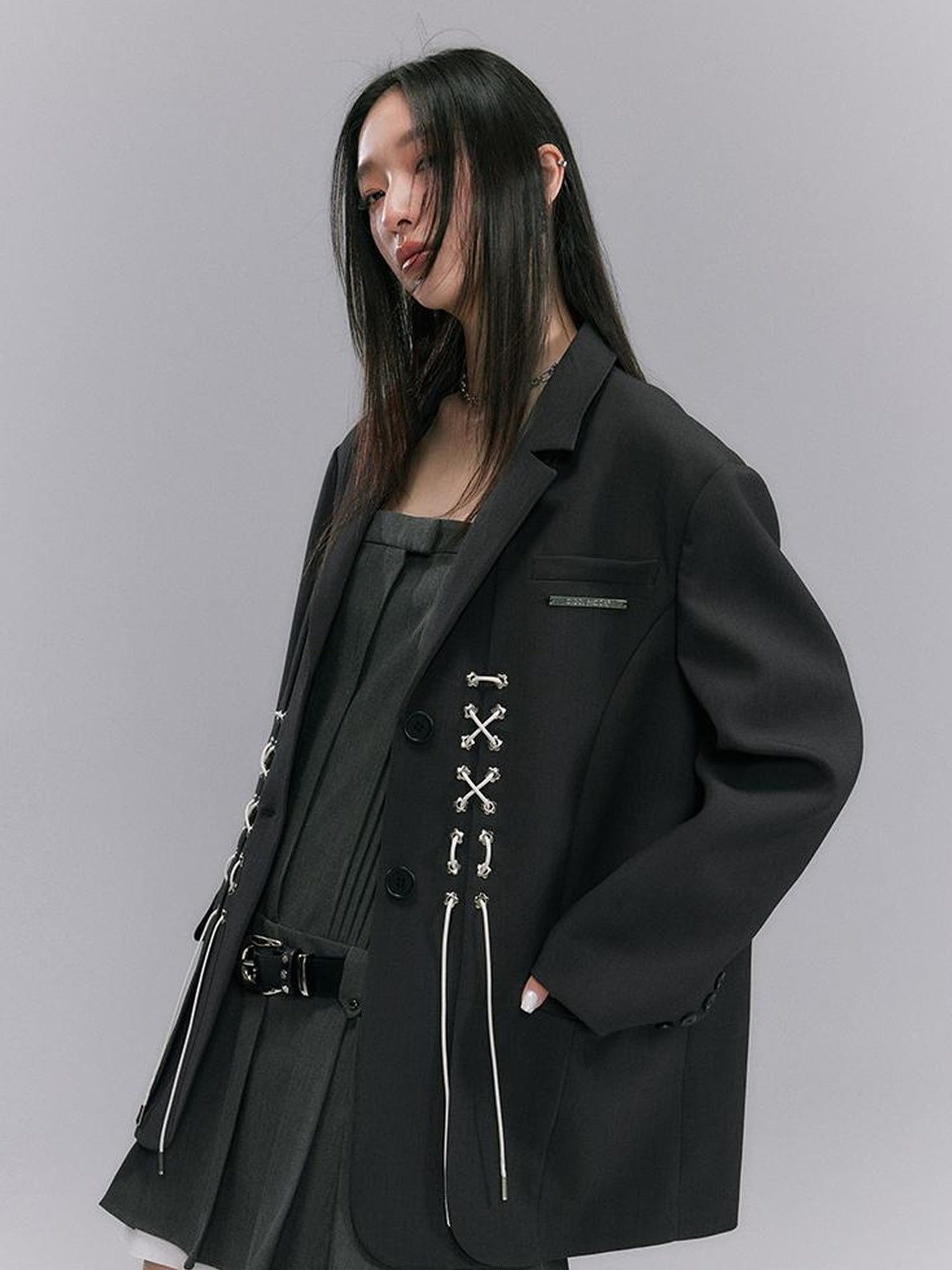 DIDDI MODA Cross Tie Detail Black Blazer With Floral Eyelets