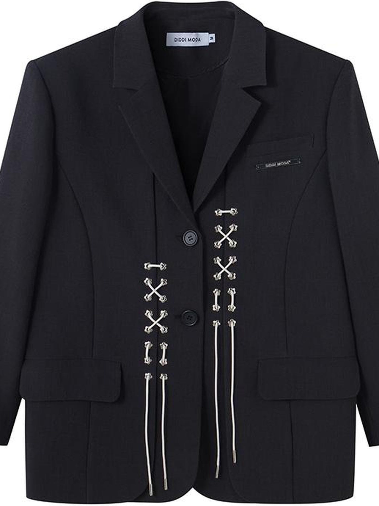 DIDDI MODA Cross Tie Detail Black Blazer With Floral Eyelets
