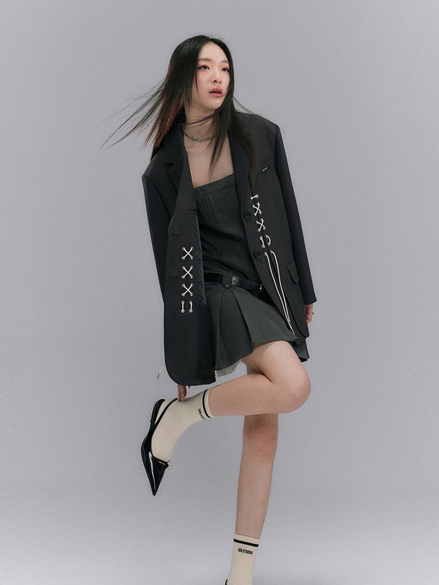 DIDDI MODA Cross Tie Detail Black Blazer With Floral Eyelets