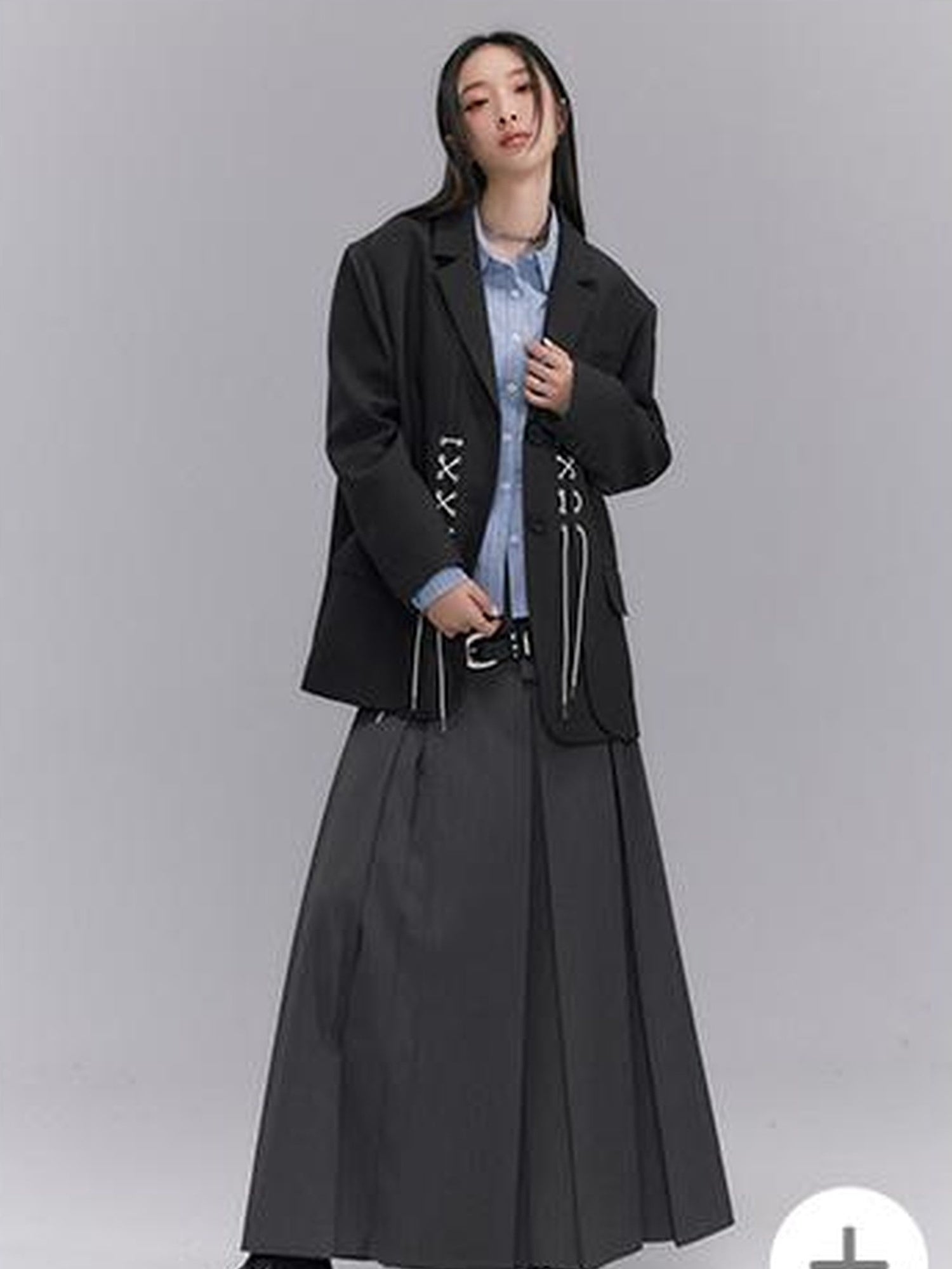 DIDDI MODA Cross Tie Detail Black Blazer With Floral Eyelets