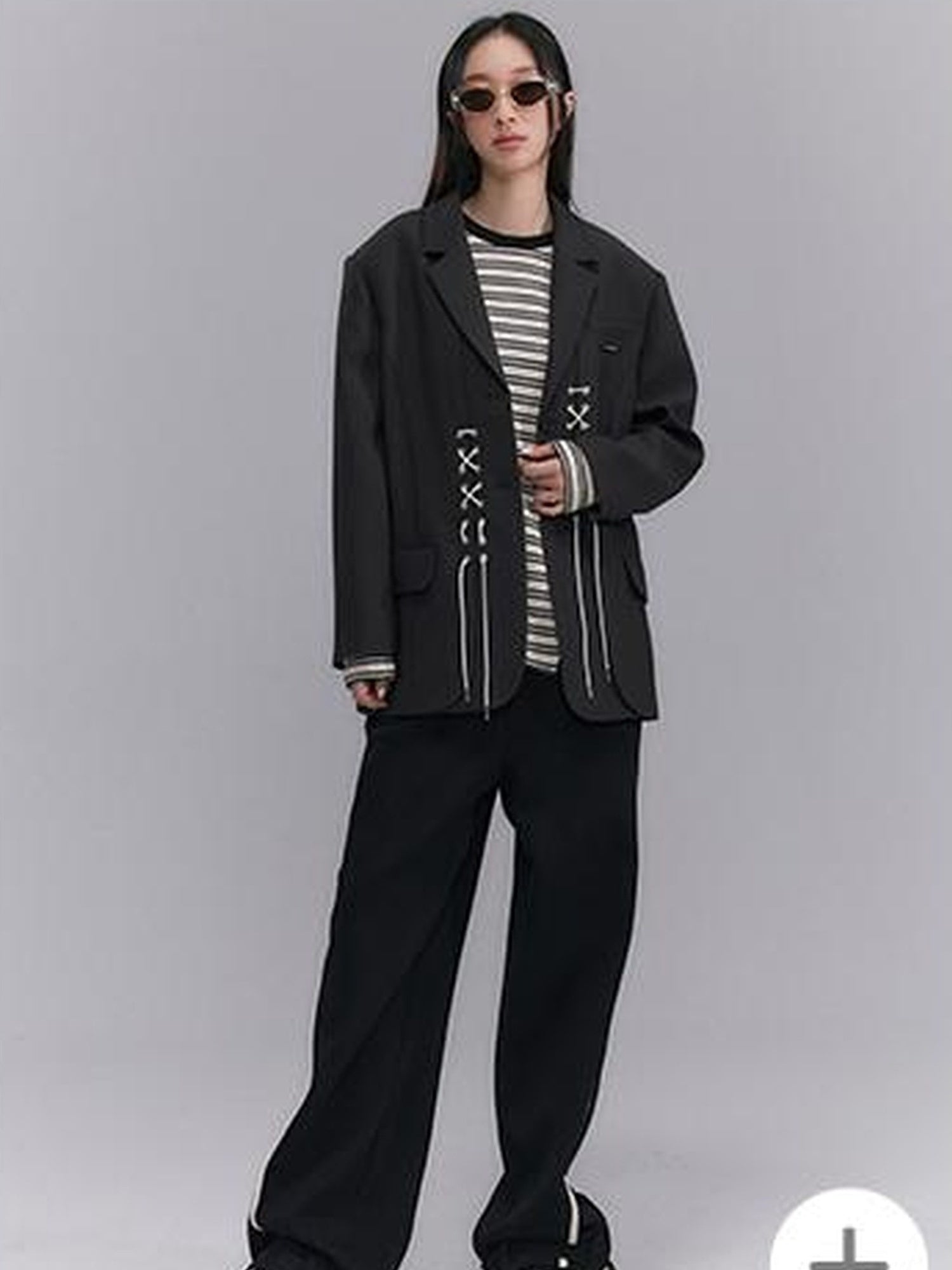 DIDDI MODA Cross Tie Detail Black Blazer With Floral Eyelets