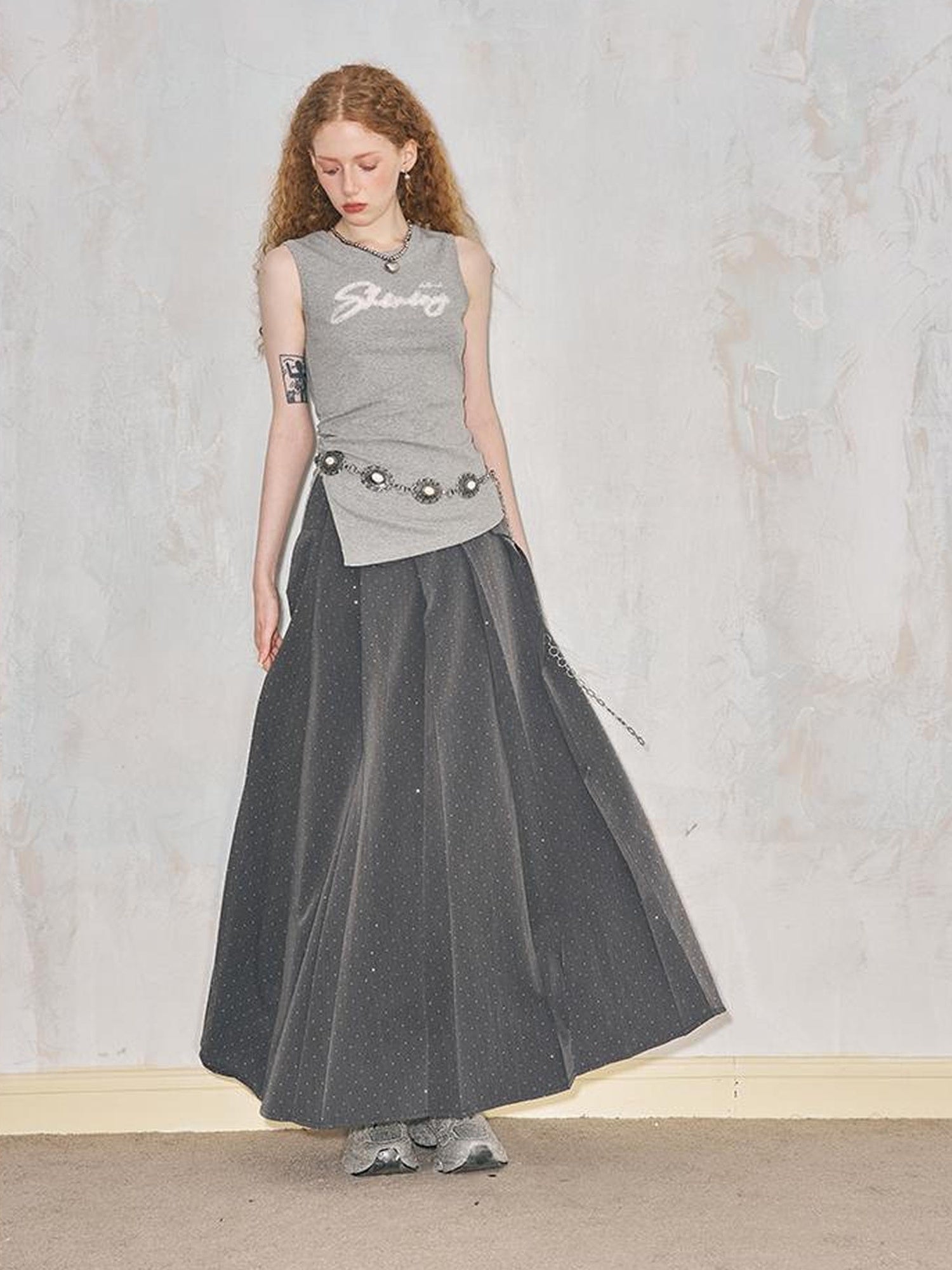DIDDI MODA Crystal Embellished Pleated Midi Skirt