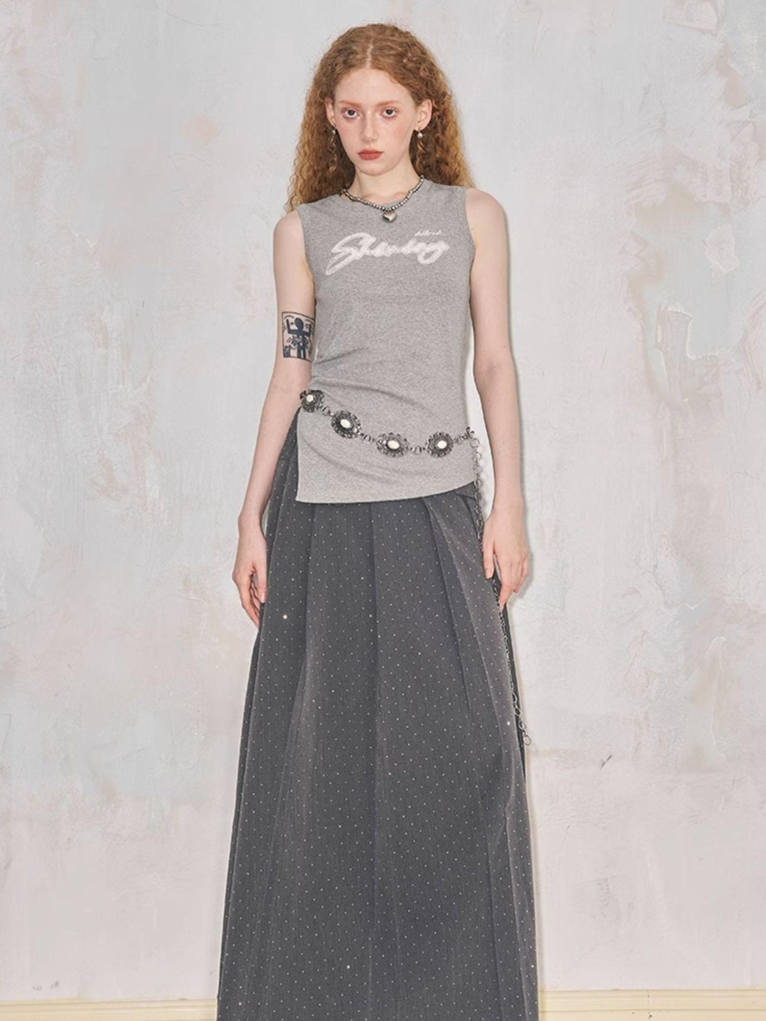 DIDDI MODA Crystal Embellished Pleated Midi Skirt
