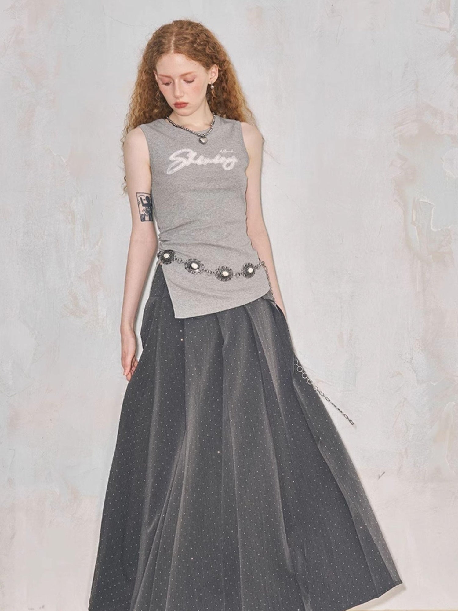 DIDDI MODA Crystal Embellished Pleated Midi Skirt