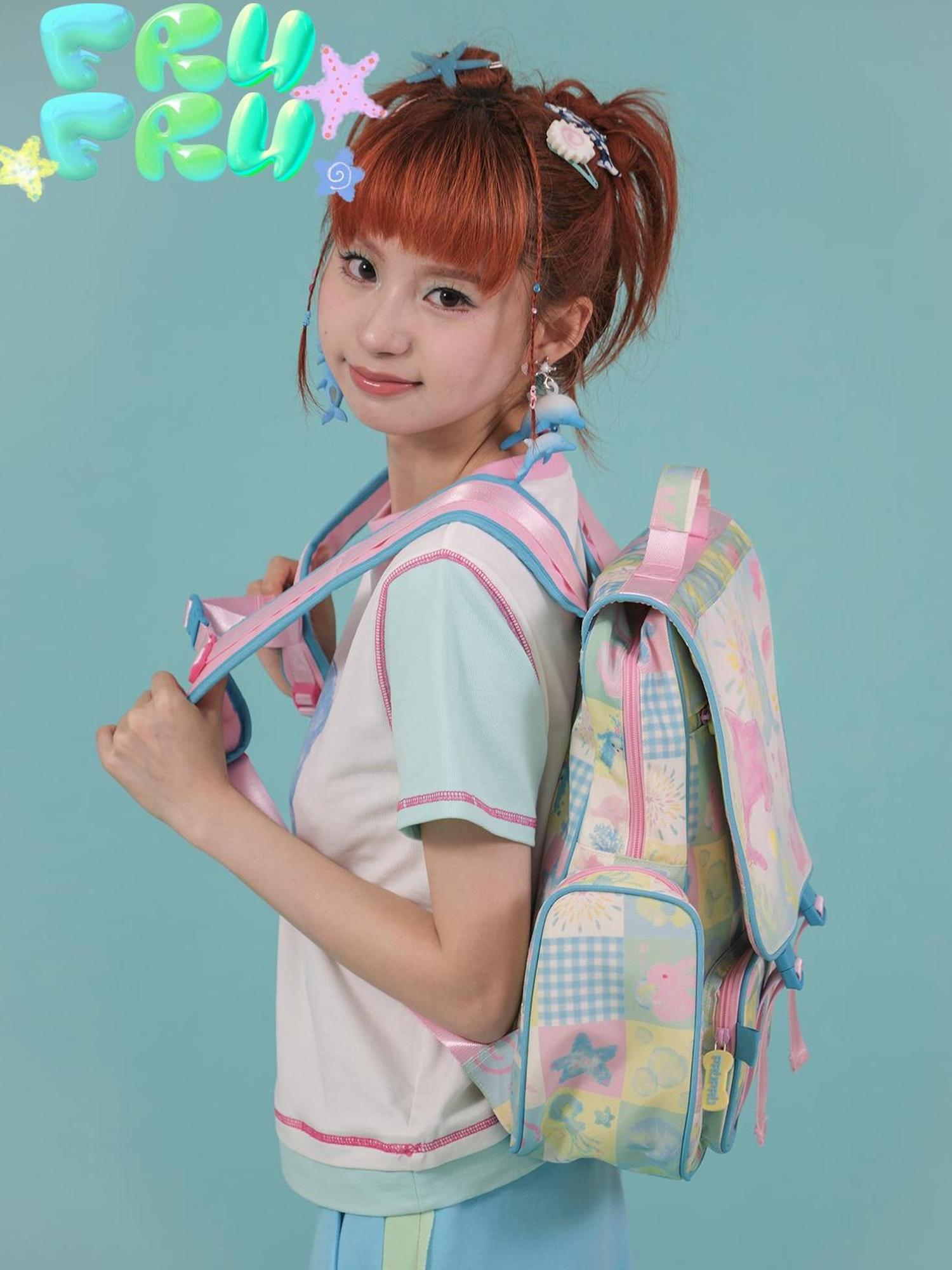 Frufru Gulu Cute Print Backpack Large Capacity Pu Laptop Bag For Travel School