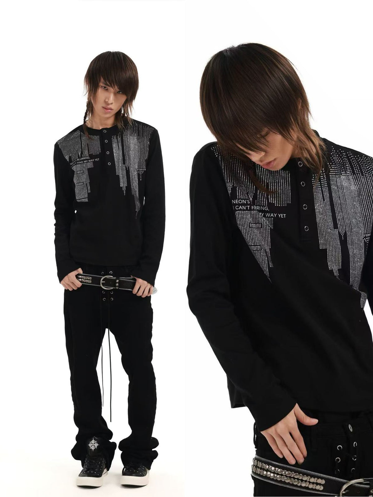 DETW OnLine Anti War Rhinestone Henry Neck Slim Fit Cotton Blend Women&