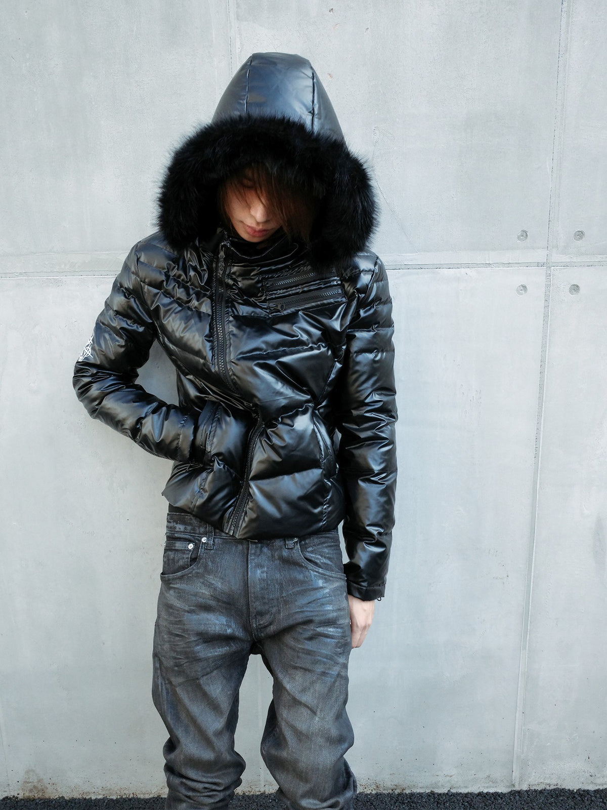 DETW OnLine Asymmetric Zip Structured Hooded Cross Print Women&