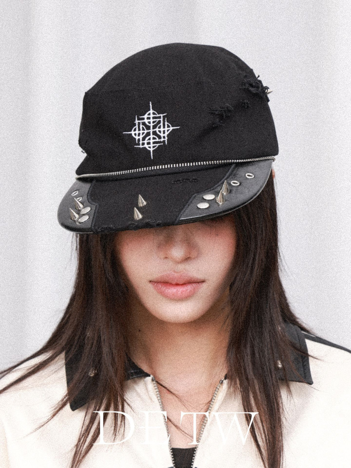 DETW_OnLine_Distressed_Logo_Embroidered_Studded_Zip_Flat_Brim_Women&