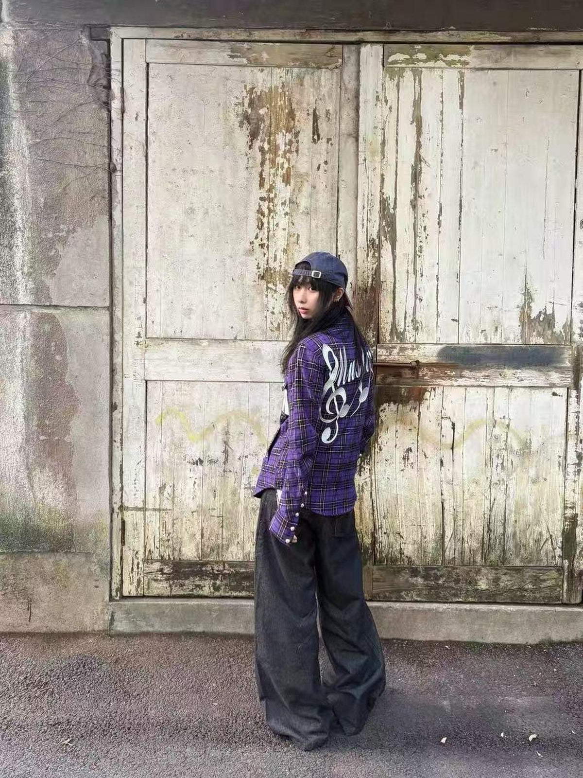 DETW OnLine Purple Plaid Patchwork Embroidered Loose Fit Women&