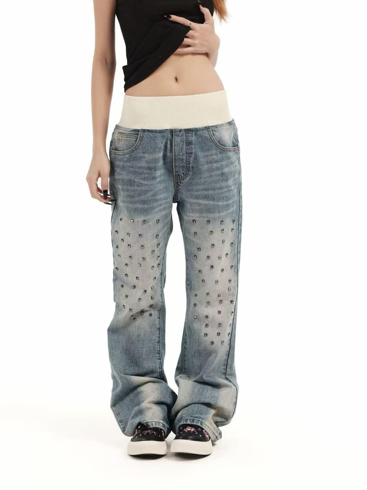DETW OnLine Ribbed Knit Waist Rivet Slogan Print Loose Straight Women&