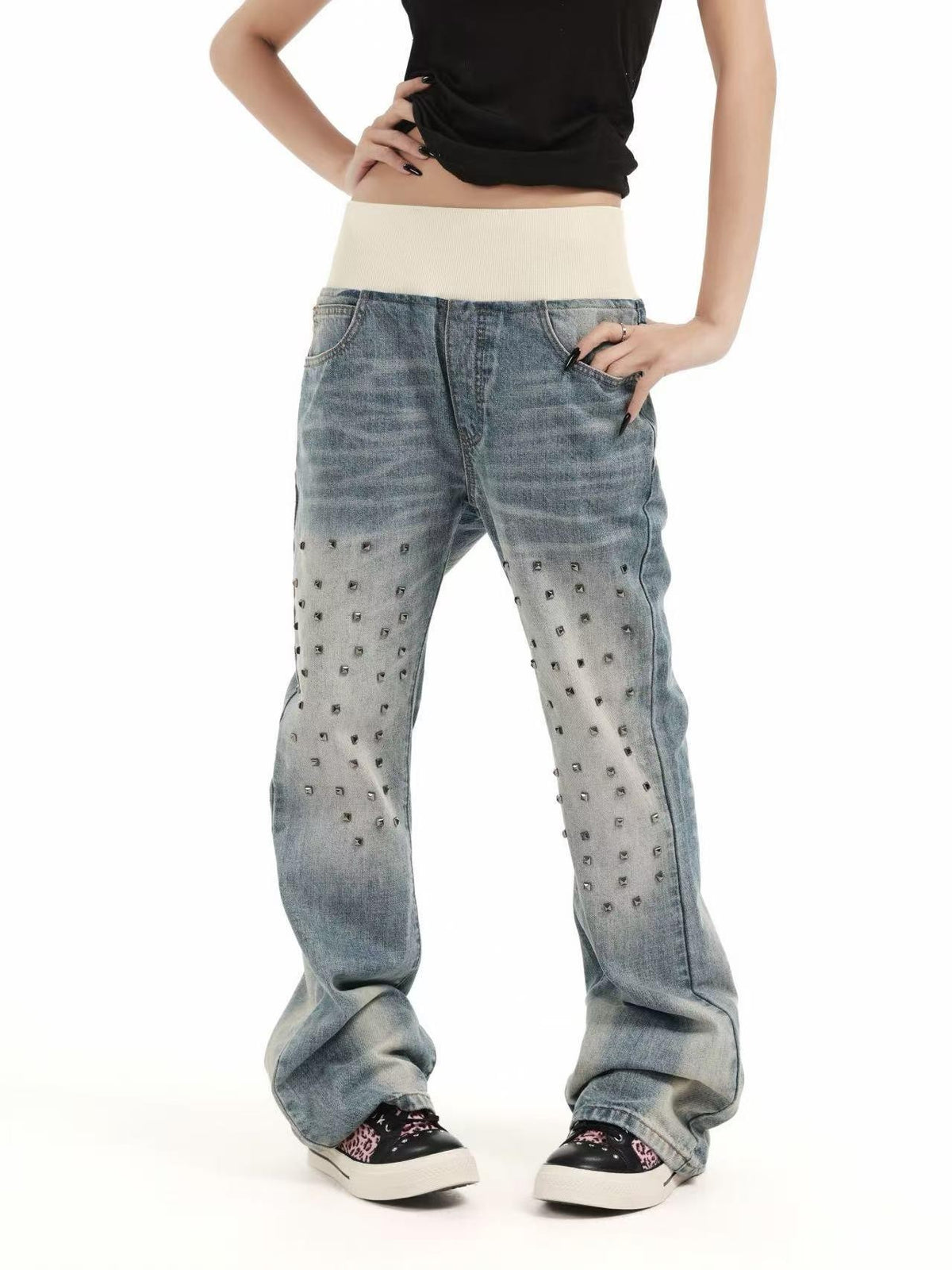 DETW OnLine Ribbed Knit Waist Rivet Slogan Print Loose Straight Women&