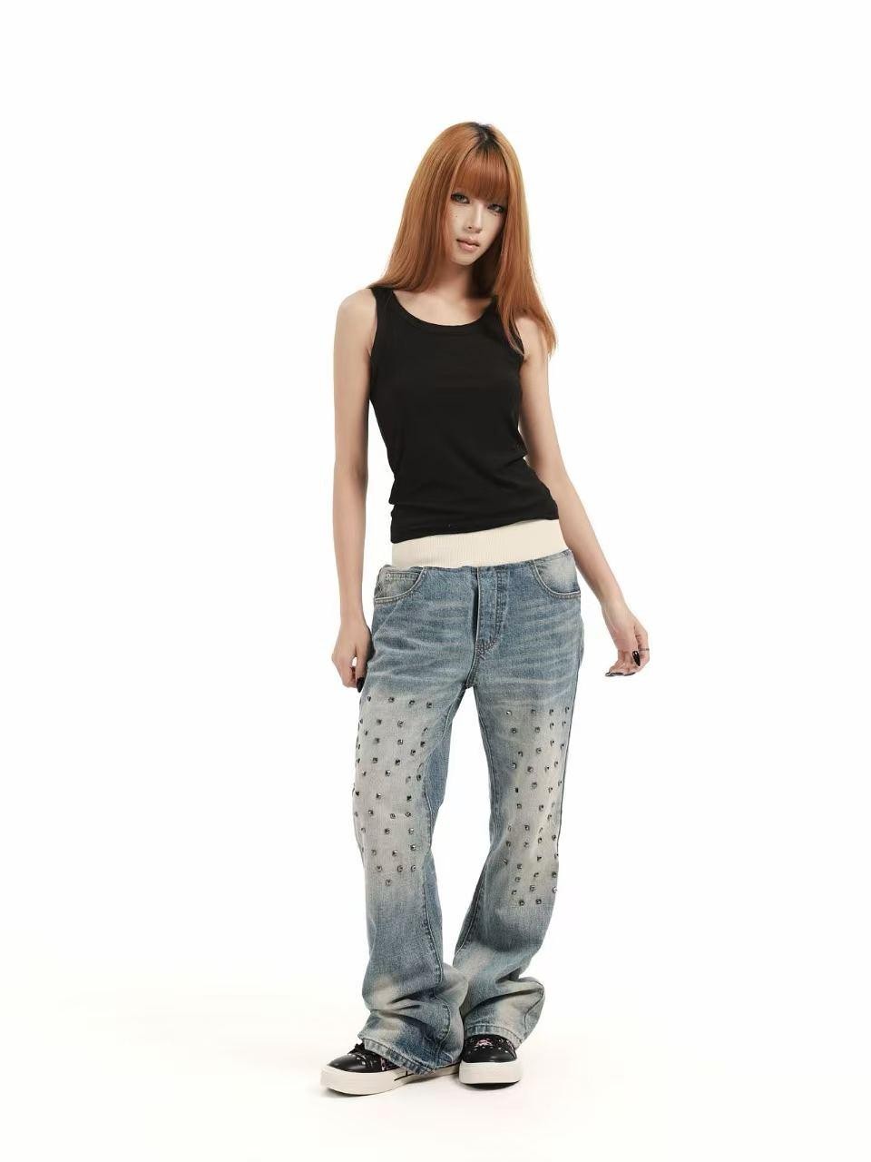 DETW OnLine Ribbed Knit Waist Rivet Slogan Print Loose Straight Women&