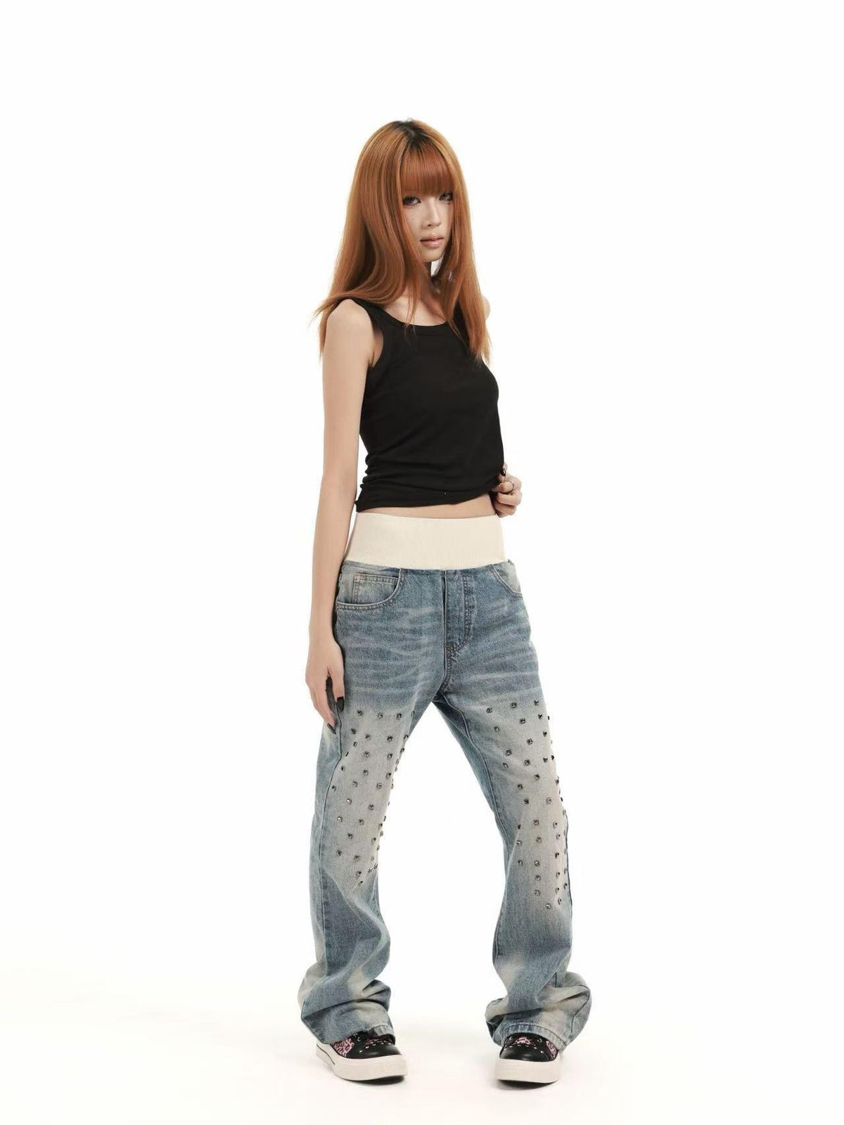 DETW OnLine Ribbed Knit Waist Rivet Slogan Print Loose Straight Women&