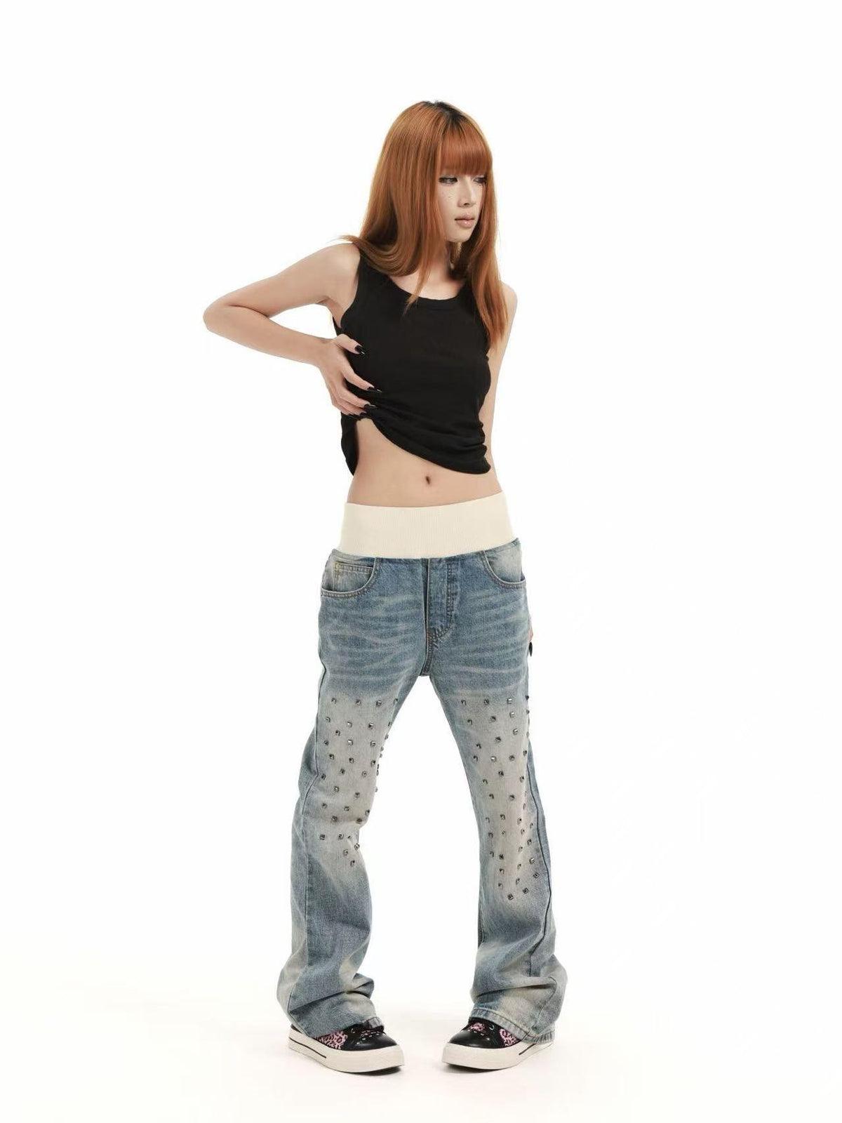 DETW OnLine Ribbed Knit Waist Rivet Slogan Print Loose Straight Women&