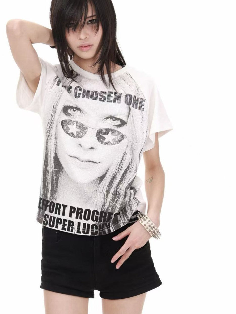 DETW onLine Allover Girl Portrait Punk Rhinestone Print Women&