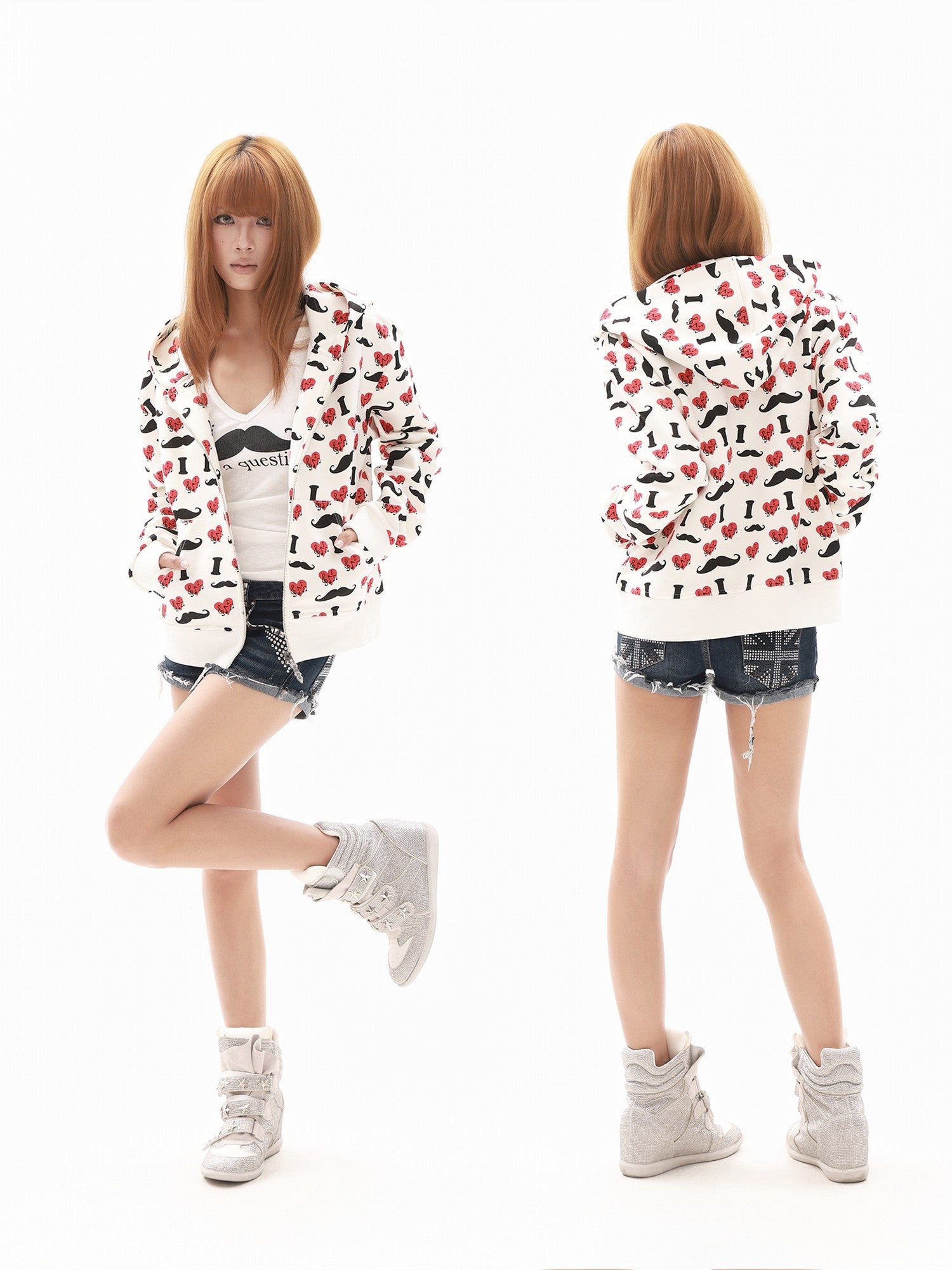 DETW onLine Beige I Love Moustache Heart Print Cropped Women&
